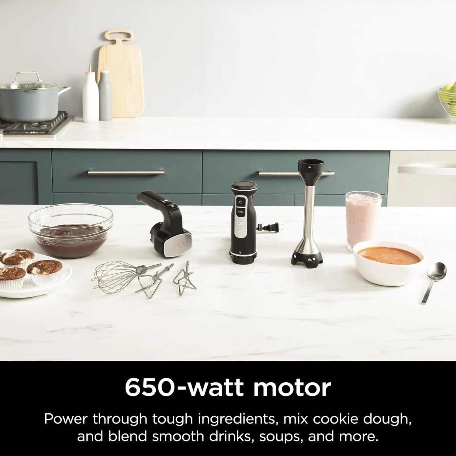 Ninja CI100 Foodi Power Mixer System, 750-Peak-Watt Immersion Blender and Hand Mixer, EasyGlide Beaters, Whisk, Black (Renewed)