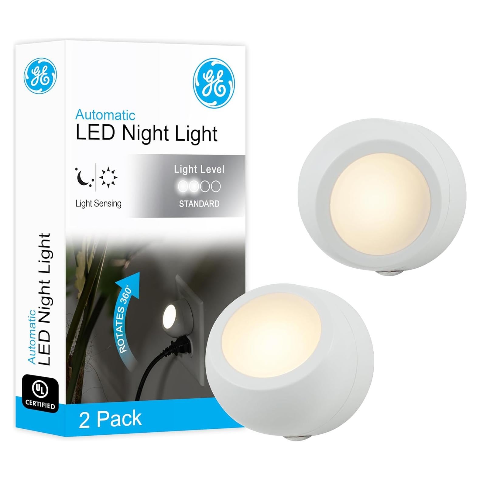 Luz Nocturna LED Rotativa GE 2 Paquete Blanca 360°