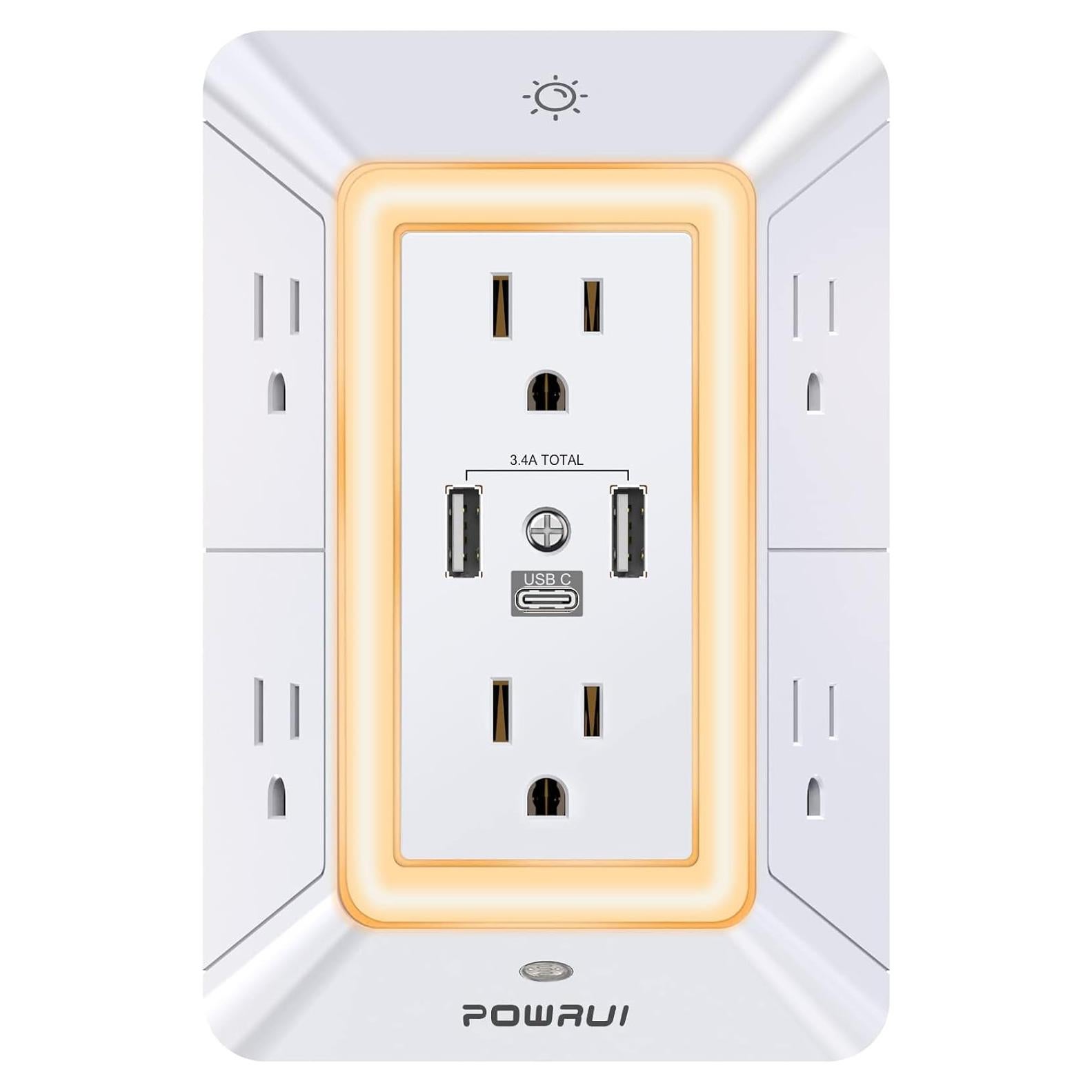 Regleta de Enchufes POWRUI 6 Salidas 3 USB Luz Nocturna