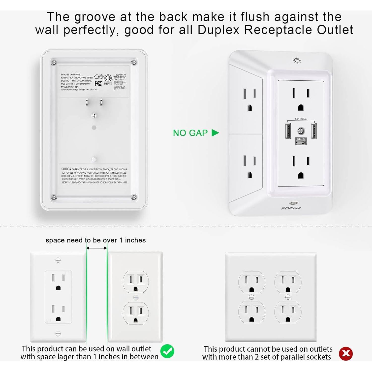 Regleta de Enchufes POWRUI 6 Salidas 3 USB Luz Nocturna