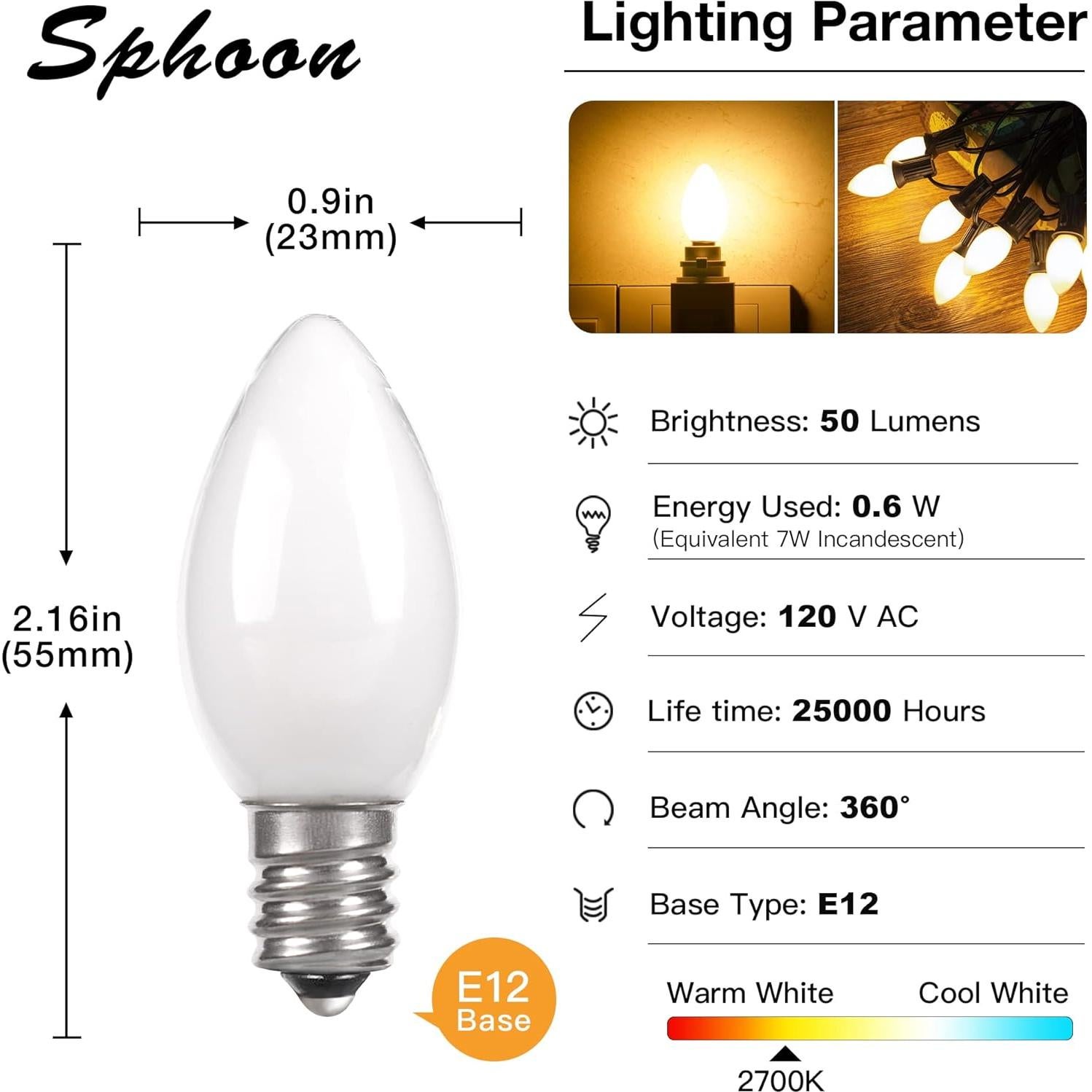 Bombillas LED Candelabro E12 Sphoon C7 0.6W 2700K Paquete de 5