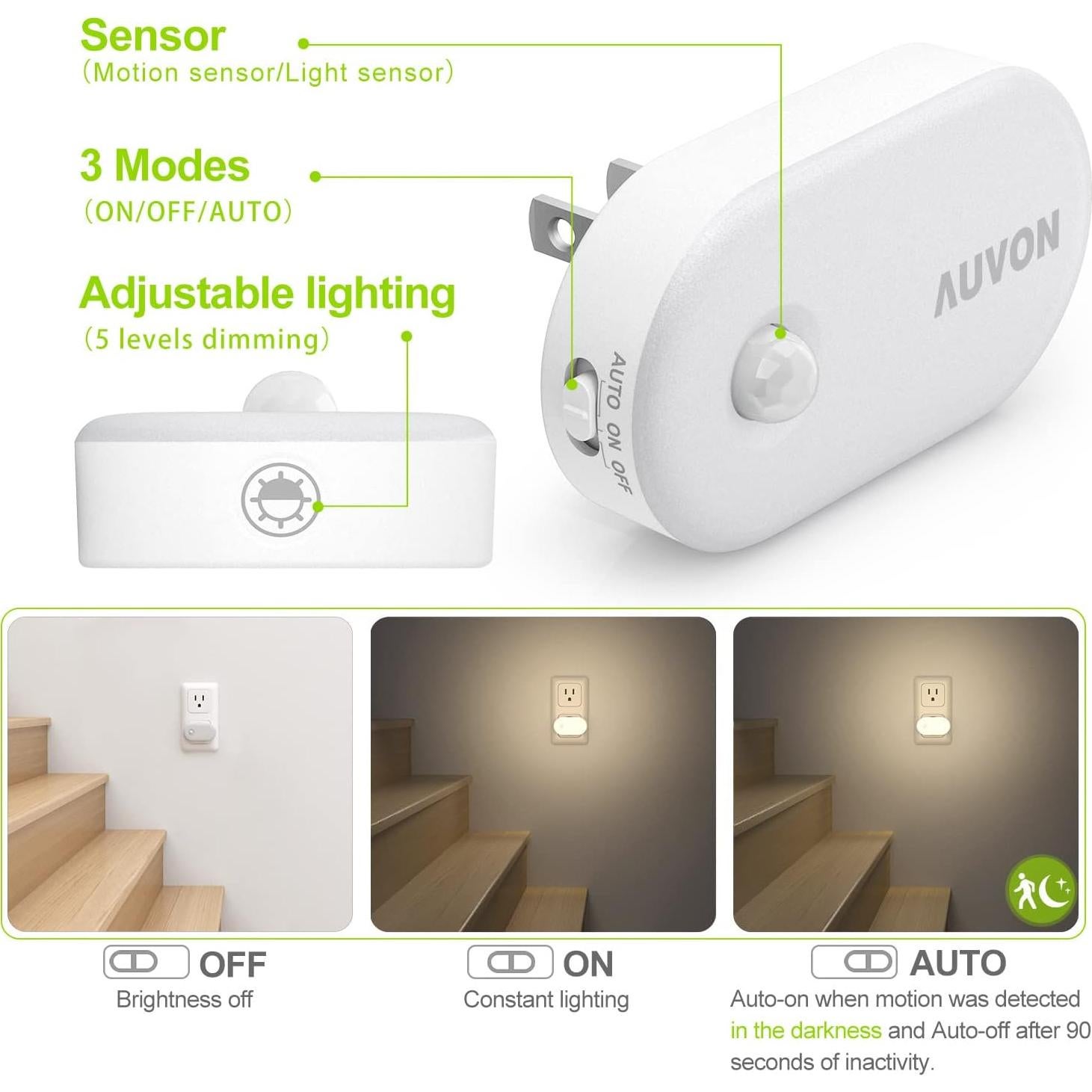 AUVON Luz Nocturna Enchufable LED 120 Lúmenes con Sensor