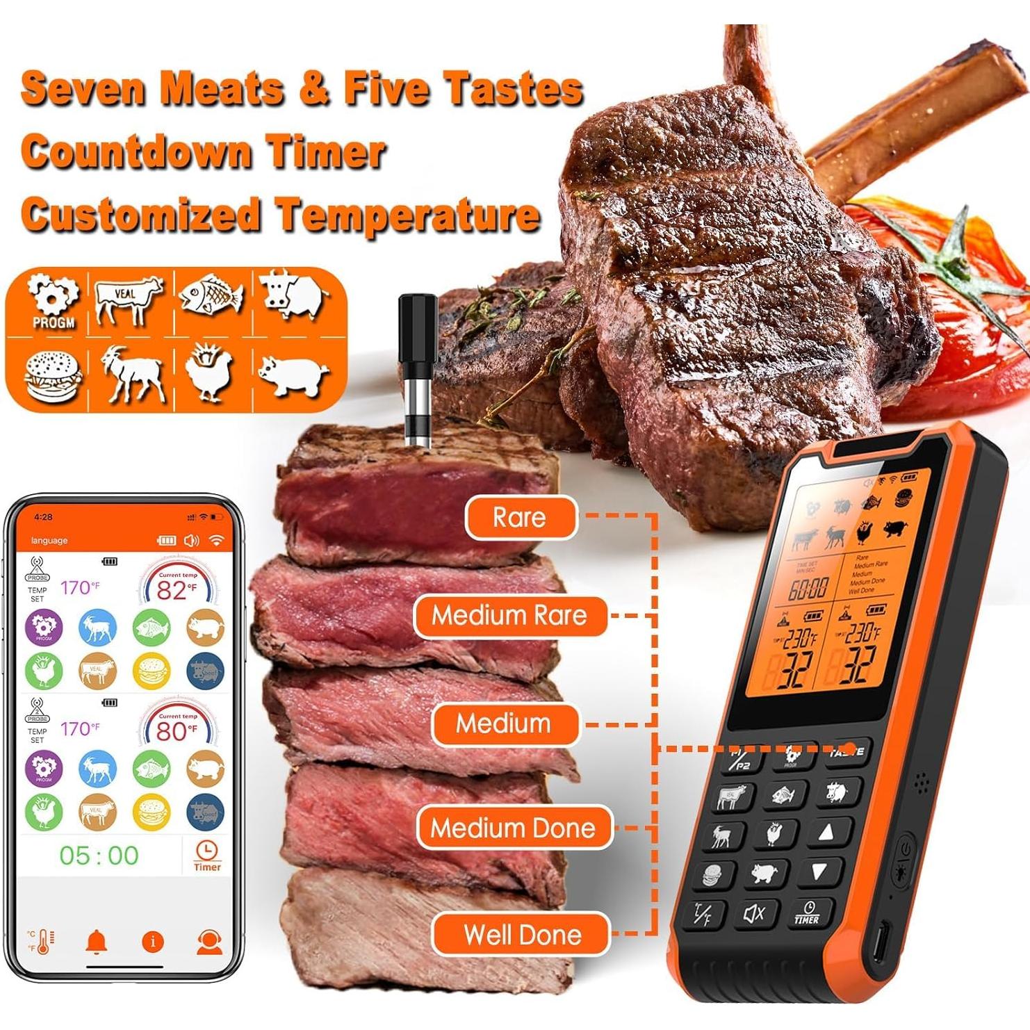 Termómetro de Carne Bluetooth PRAVETTE BQ08 con 2 Probetas