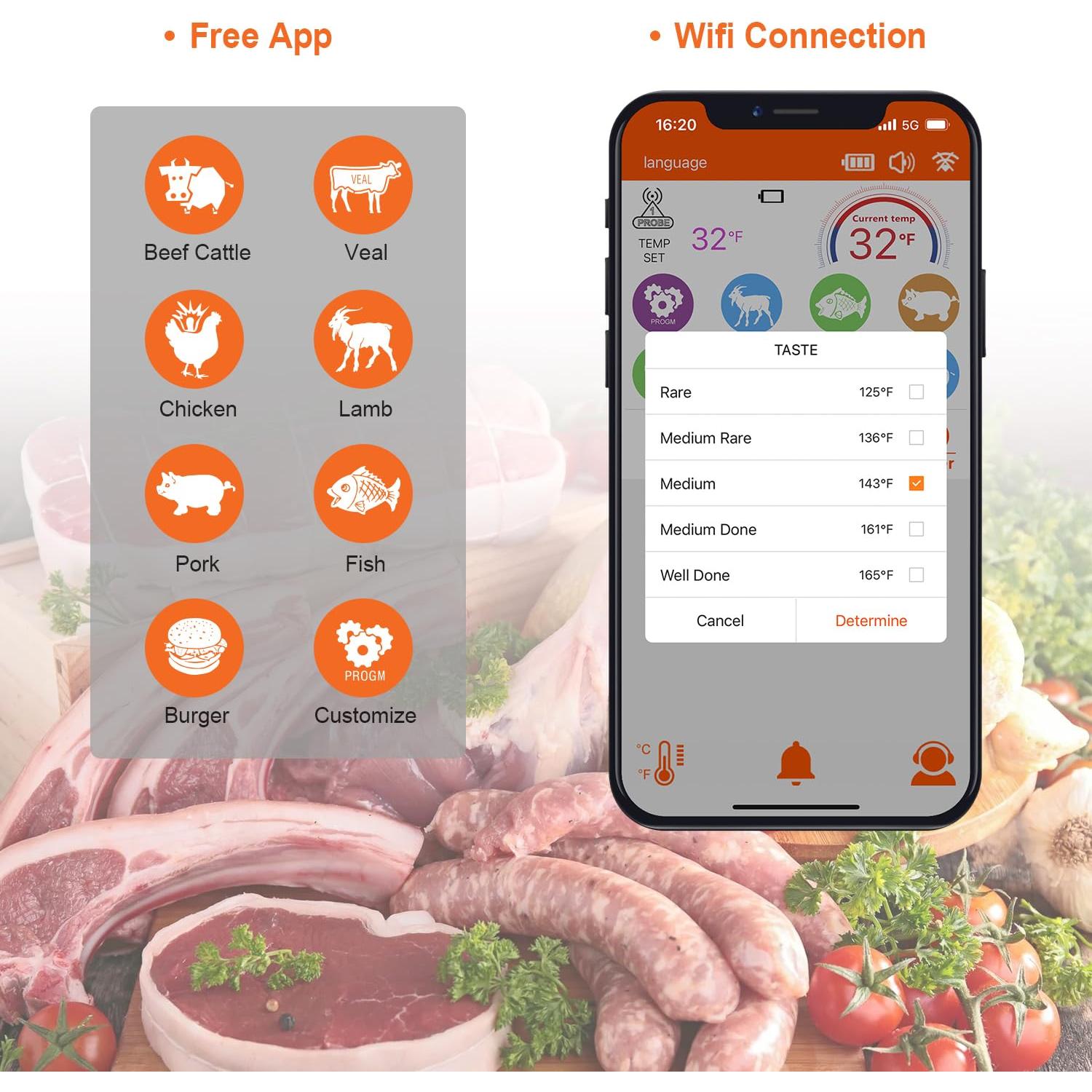 Termómetro de Carne Inalámbrico Dewjom con App - 152 m