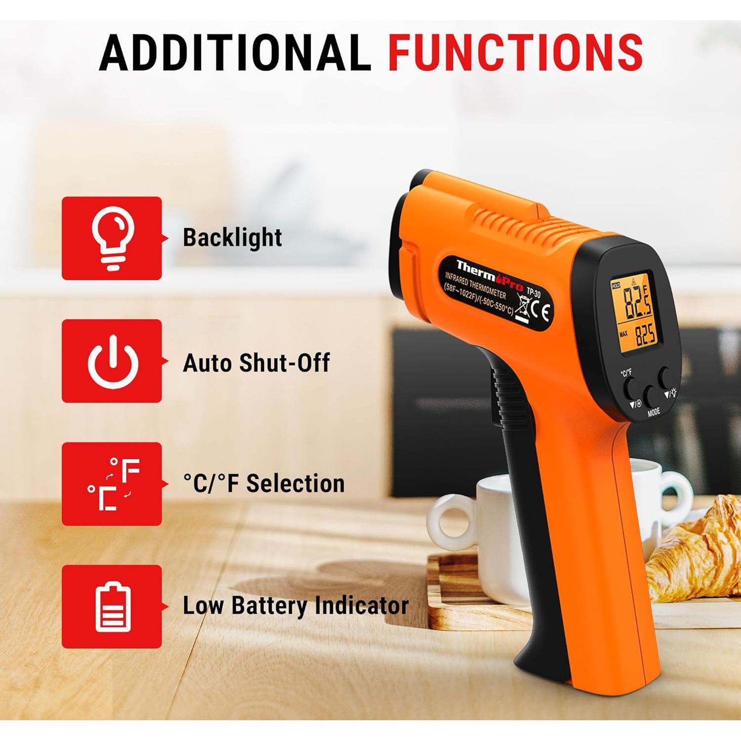 Termómetro Infrarrojo ThermoPro TP30, 550°C, Precisión Alta