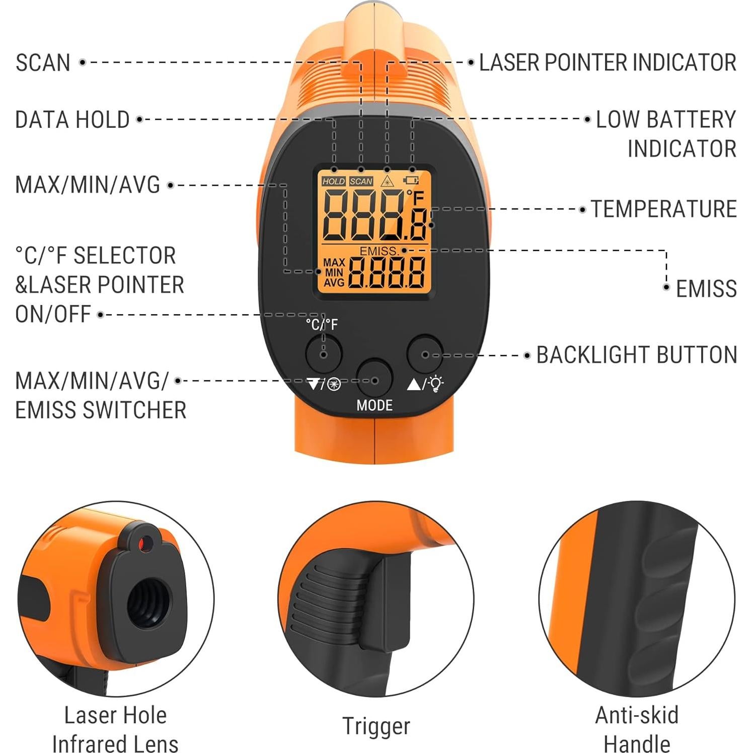 Termómetro Infrarrojo ThermoPro TP30, 550°C, Precisión Alta