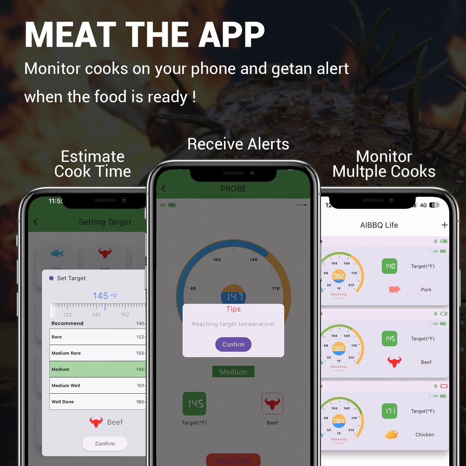 Termómetro de Carne Inalámbrico AIBBQLIFE Bluetooth 5.2 IP68