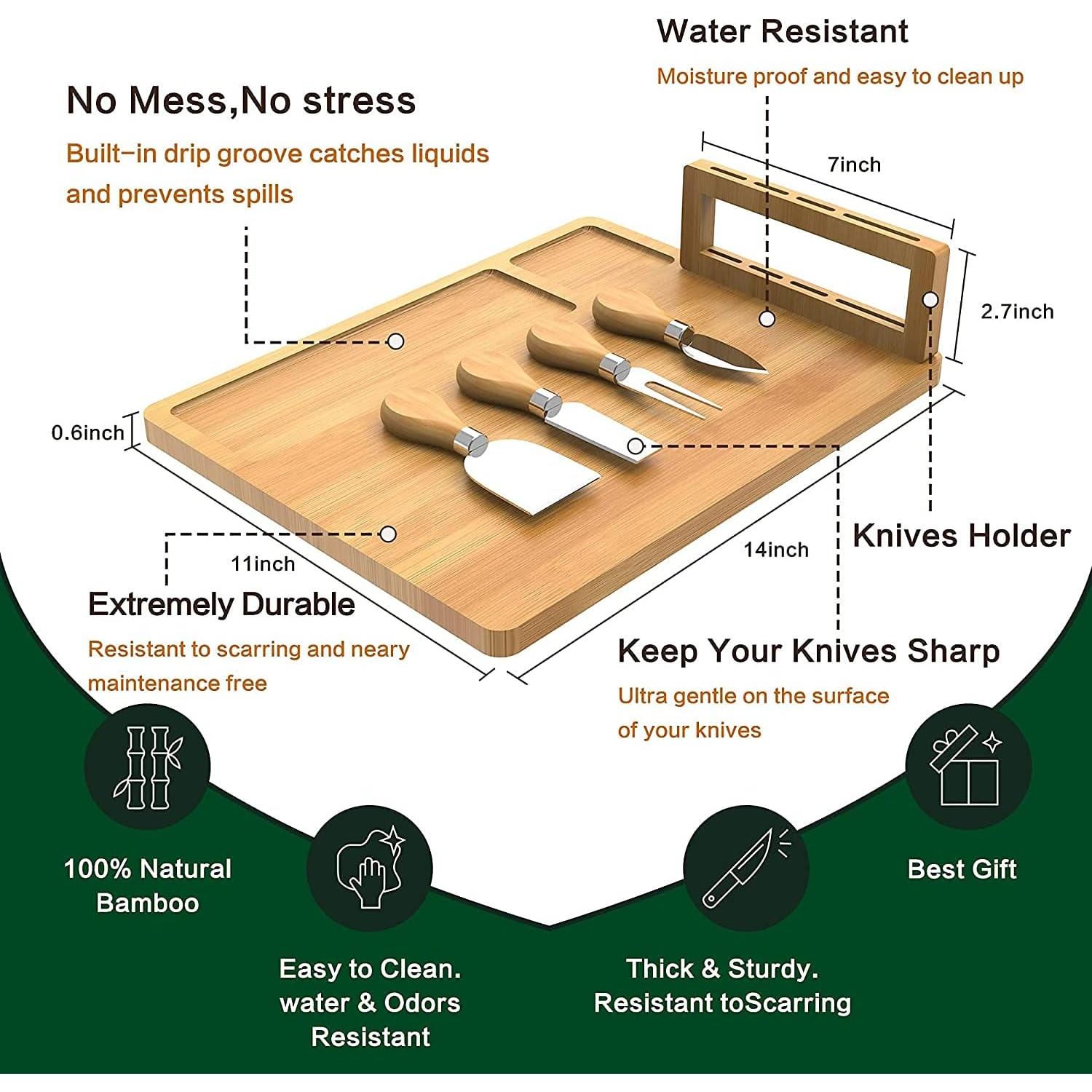Tabla de Queso Kylinbigda de Bambú 33.78 cm con Utensilios