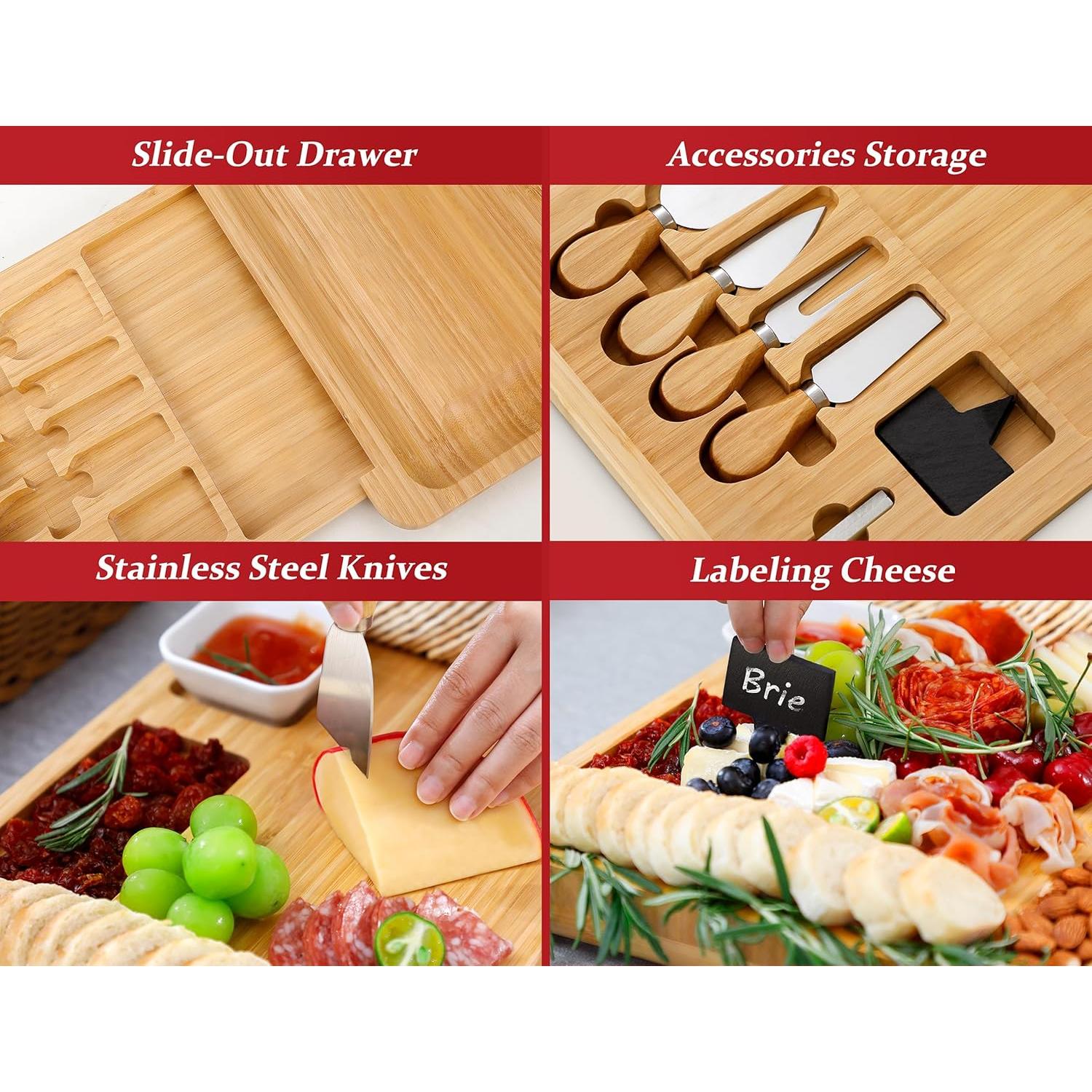 Tabla de Queso Easoger Grande de Bambú con 4 Utensilios