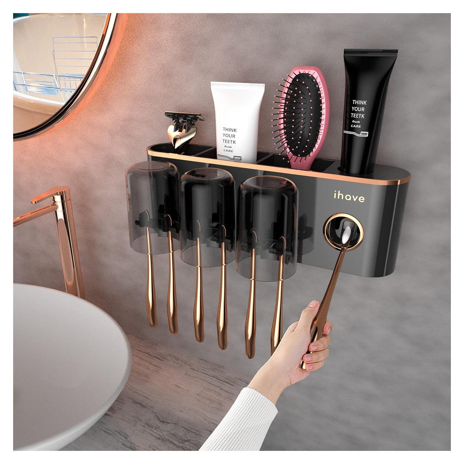 Soporte de Cepillos de Dientes iHave Negro 3 Tazas Montado Pared