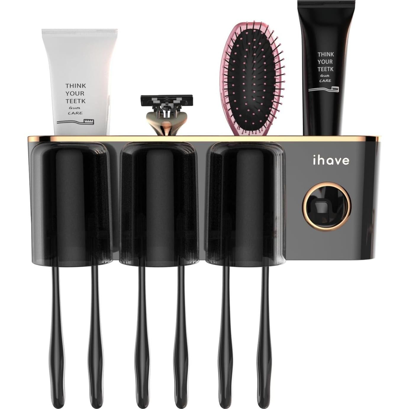 Soporte de Cepillos de Dientes iHave Negro 3 Tazas Montado Pared