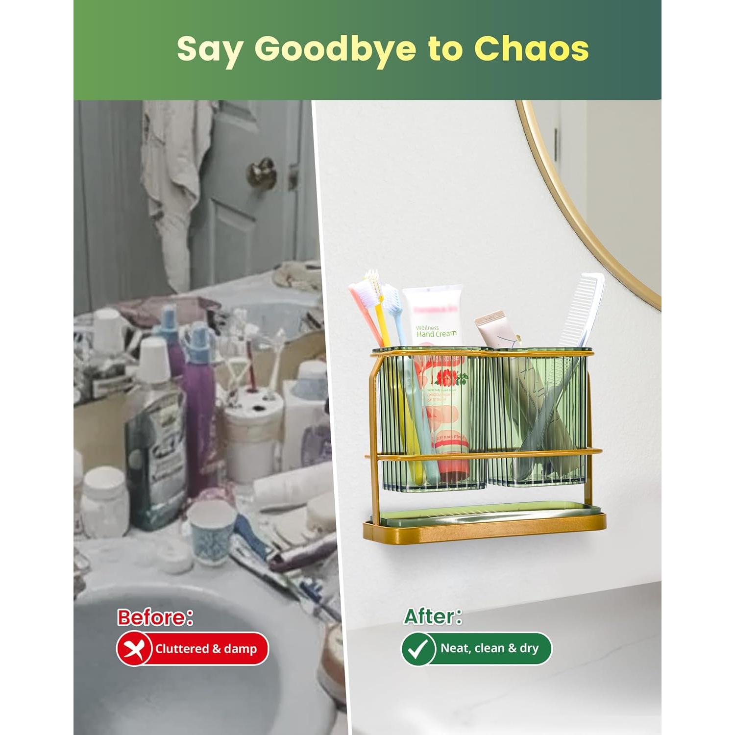 Soporte de Cepillos de Dientes KONE Verde 2 Tazas Montado Pared