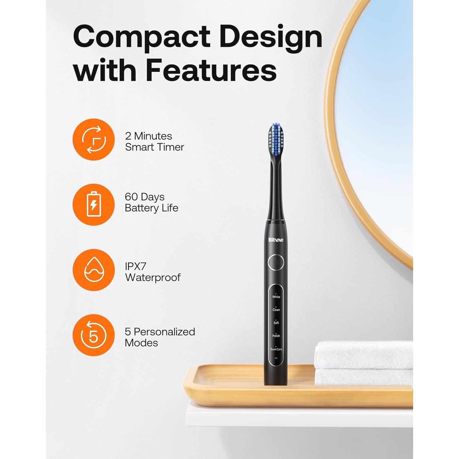 Cepillo de Dientes Eléctrico Bitvae H1D2 Negro con 5 Modos