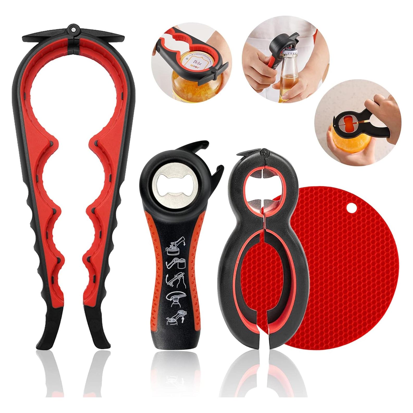 Abridor de frascos 5 en 1 HUMANFUN para manos débiles Rojo