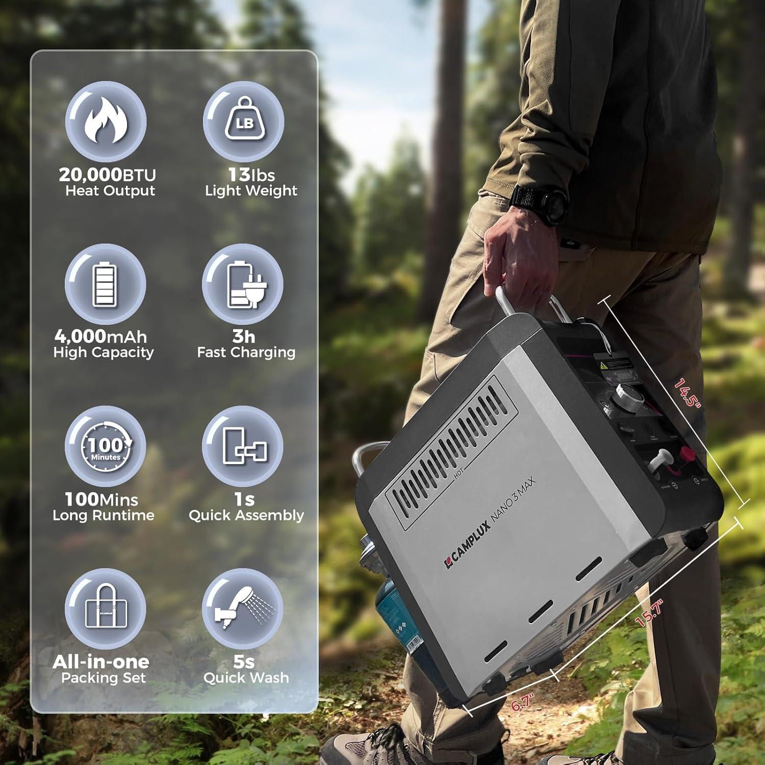 Calentador de Agua Portátil CAMPLUX Nano 3 Max Ducha Camping