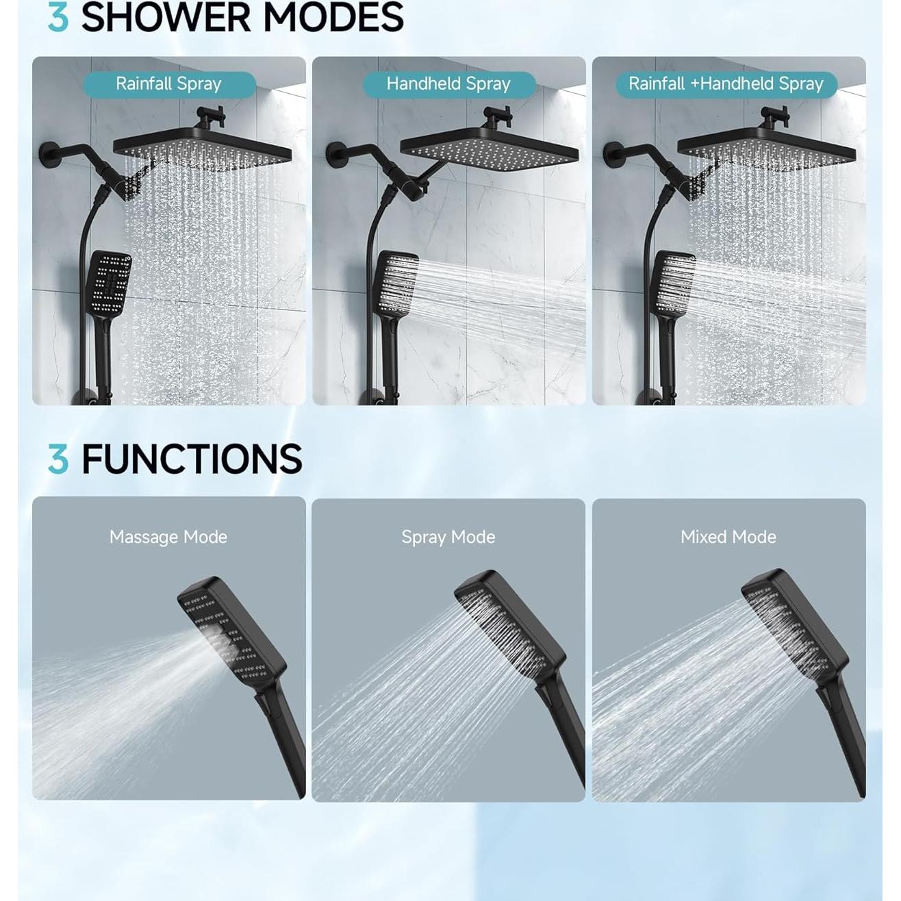 Cabezal de Ducha Alta Presión SR SUN RISE 30,48 cm Negro
