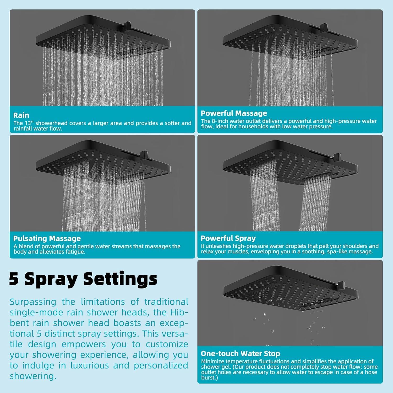 Cabezal de Ducha de Lluvia Hibbent 33 cm 5 Modos Alta Presión