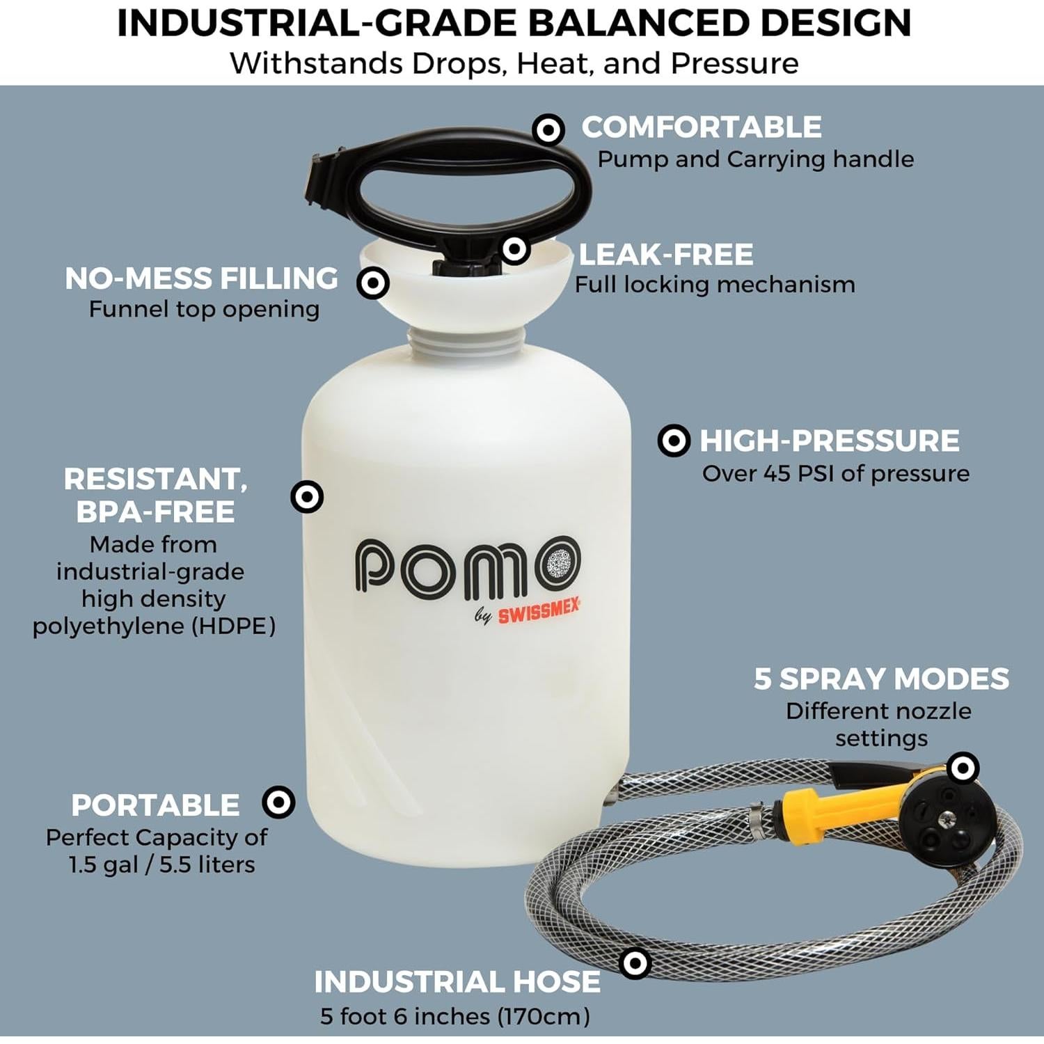 Ducha Portátil Pomo 5L Alta Presión 45 PSI Multiuso