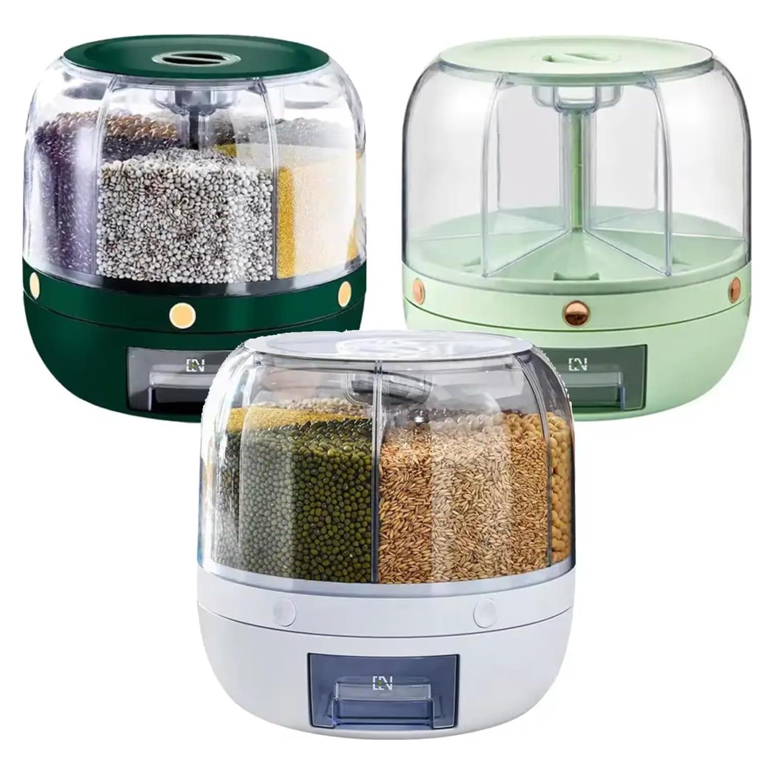 Moisture-Proof 6-Grid Rotating Food Grain Dispenser - Cereal Storage Box Rice Container - Min:10kg Max:15kg
