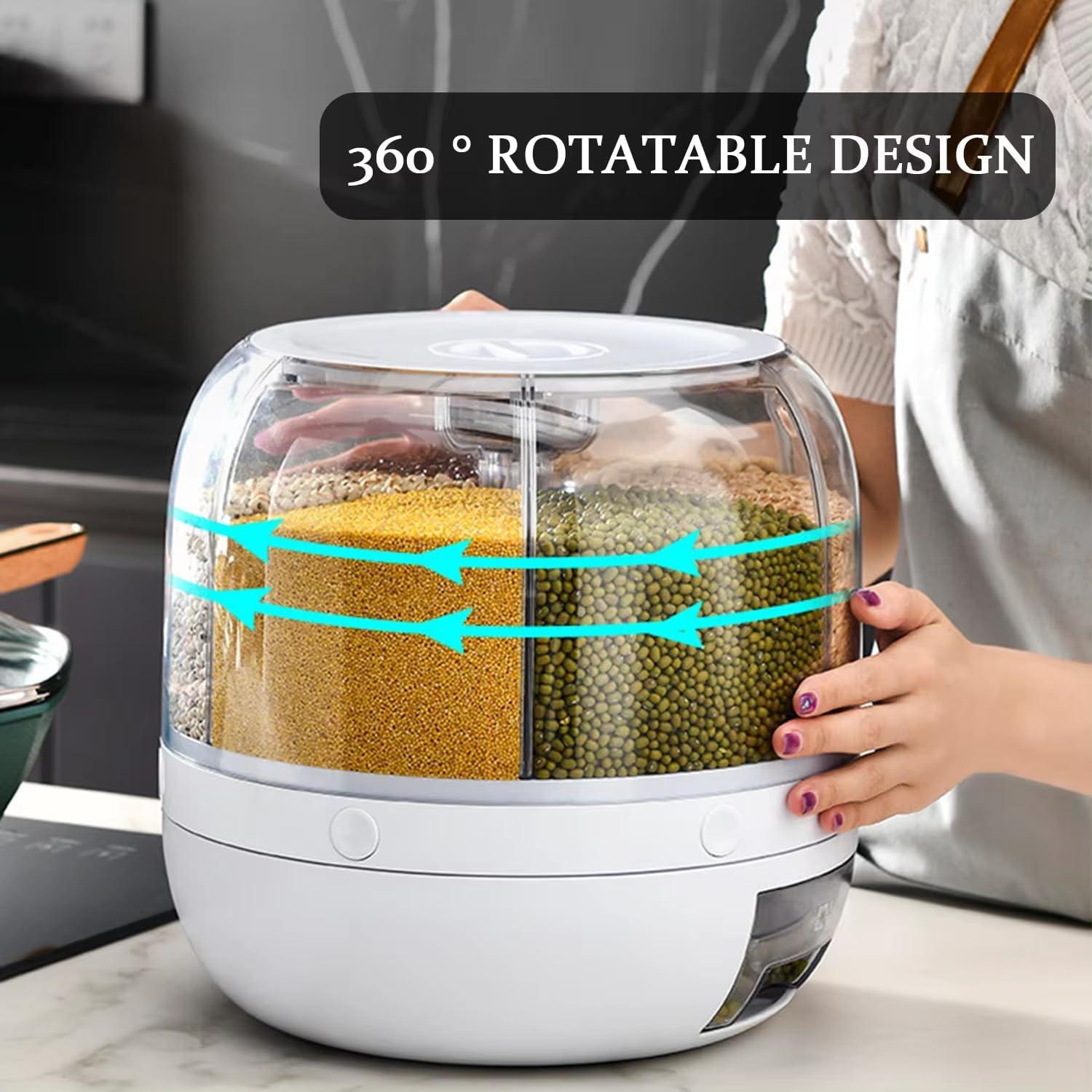 Moisture-Proof 6-Grid Rotating Food Grain Dispenser - Cereal Storage Box Rice Container - Min:10kg Max:15kg