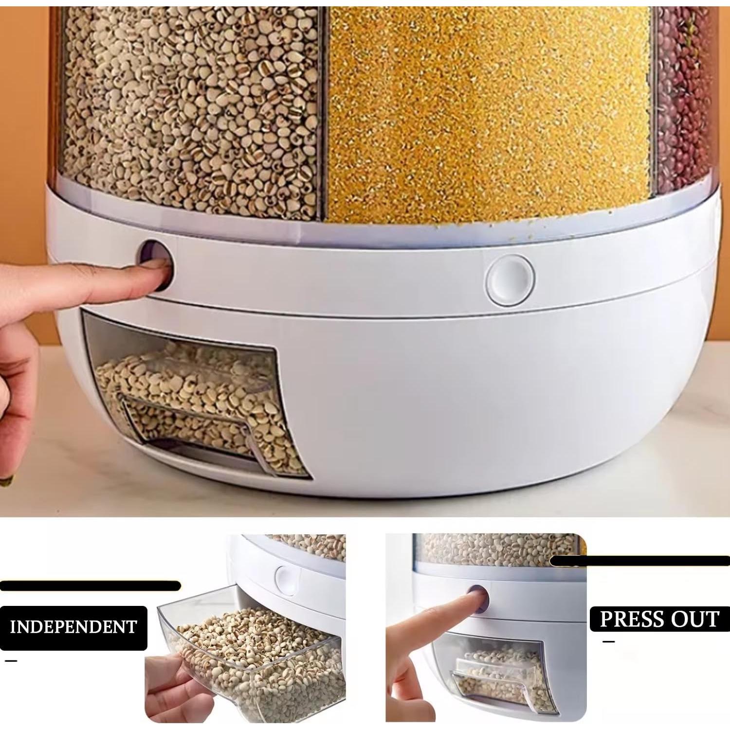 Moisture-Proof 6-Grid Rotating Food Grain Dispenser - Cereal Storage Box Rice Container - Min:10kg Max:15kg