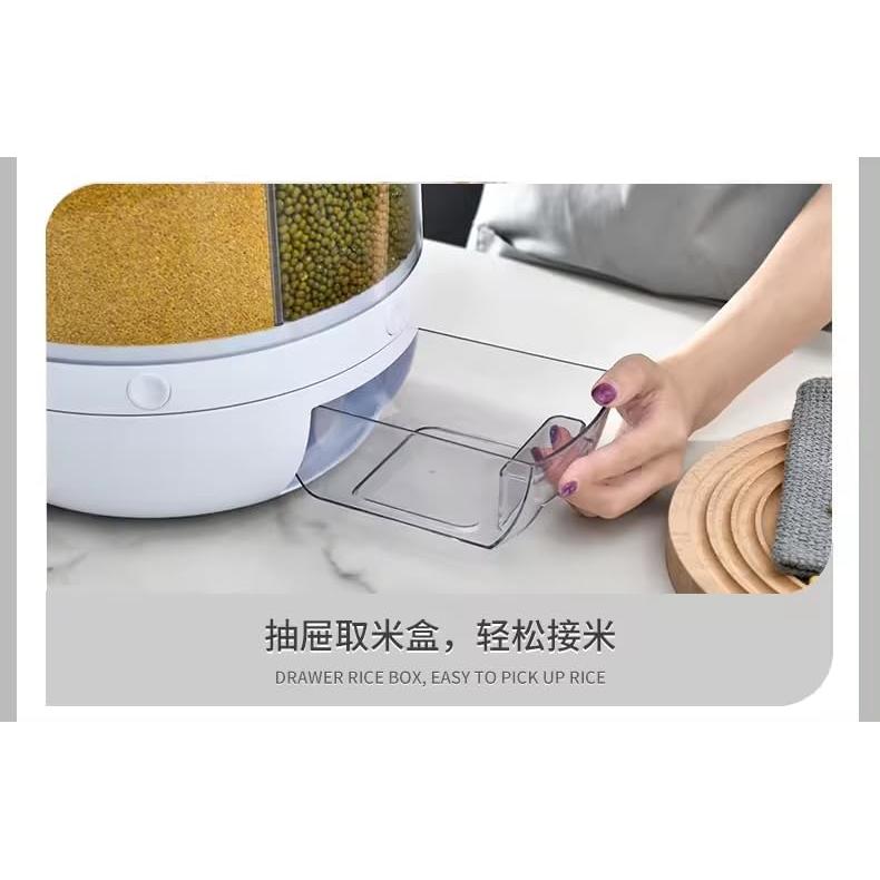 Moisture-Proof 6-Grid Rotating Food Grain Dispenser - Cereal Storage Box Rice Container - Min:10kg Max:15kg