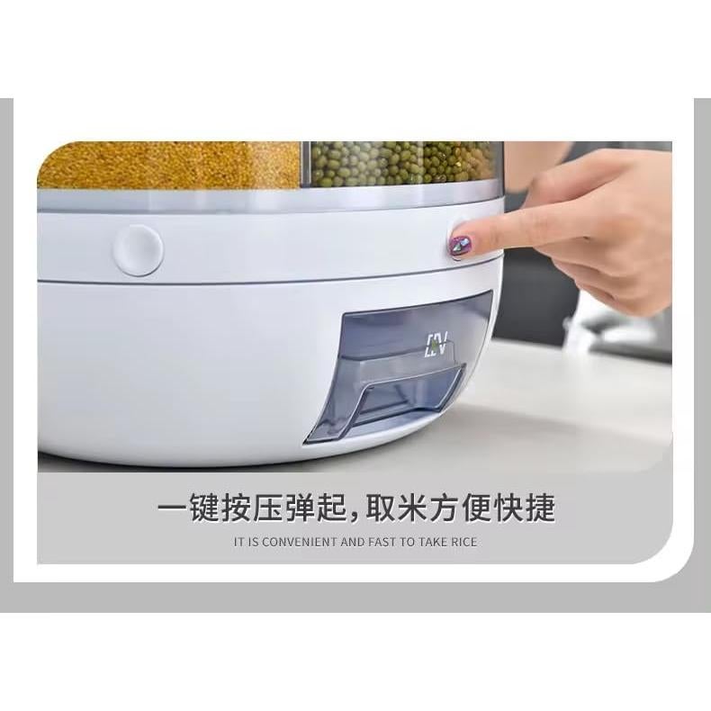 Moisture-Proof 6-Grid Rotating Food Grain Dispenser - Cereal Storage Box Rice Container - Min:10kg Max:15kg