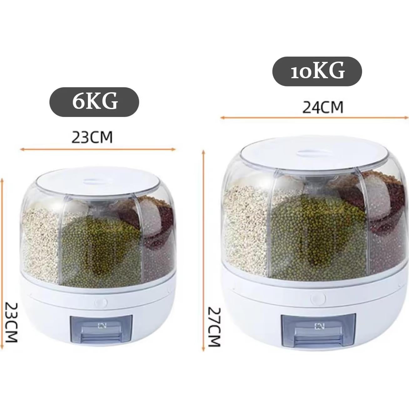 Moisture-Proof 6-Grid Rotating Food Grain Dispenser - Cereal Storage Box Rice Container - Min:10kg Max:15kg