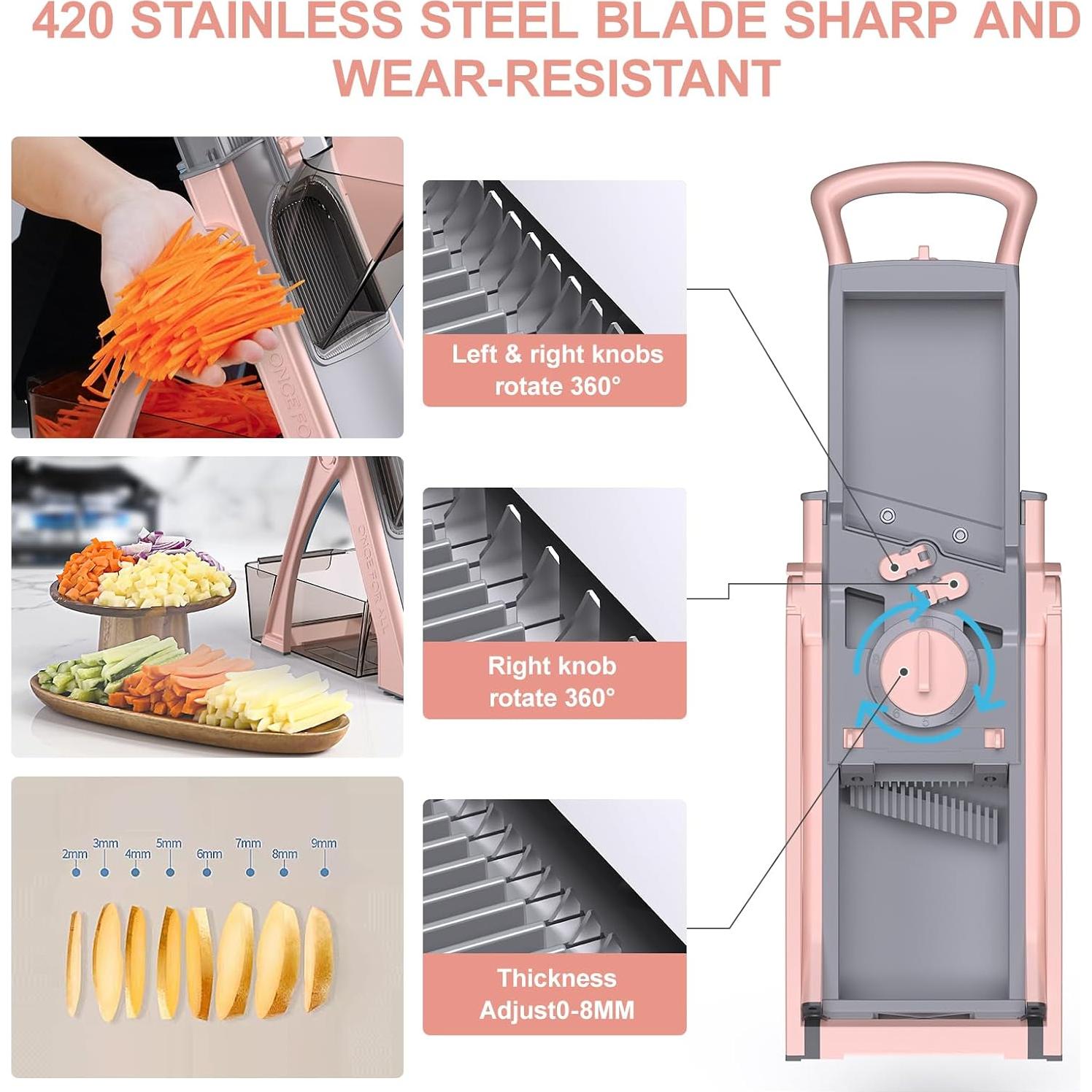 Mandolina ZTQCSQ 5 en 1 Ajustable con Cepillo y Pelador Gris Rosa