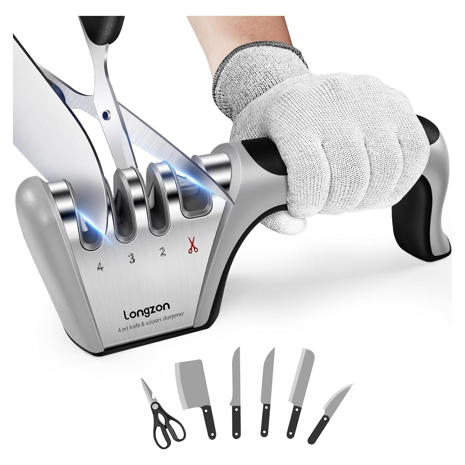 Afilador de cuchillos 4 en 1 Longzon con guante incluido