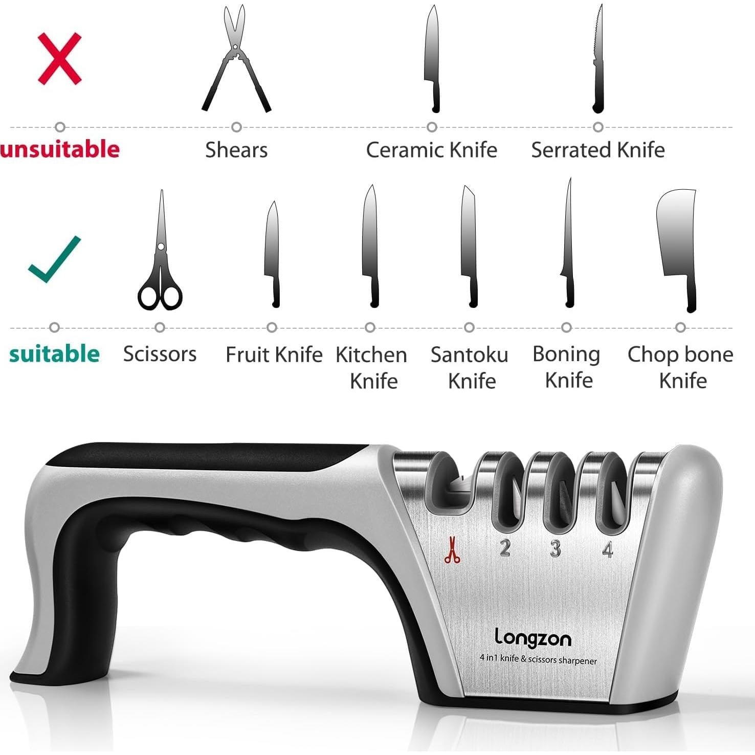 Afilador de cuchillos 4 en 1 Longzon con guante incluido
