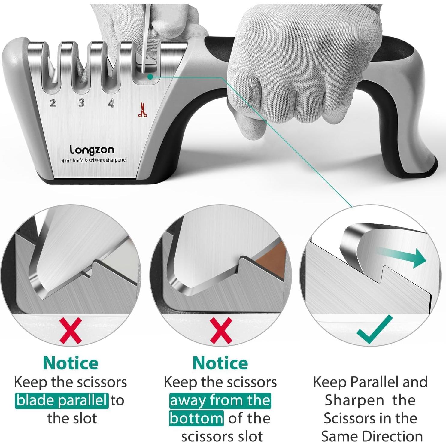 Afilador de cuchillos 4 en 1 Longzon con guante incluido