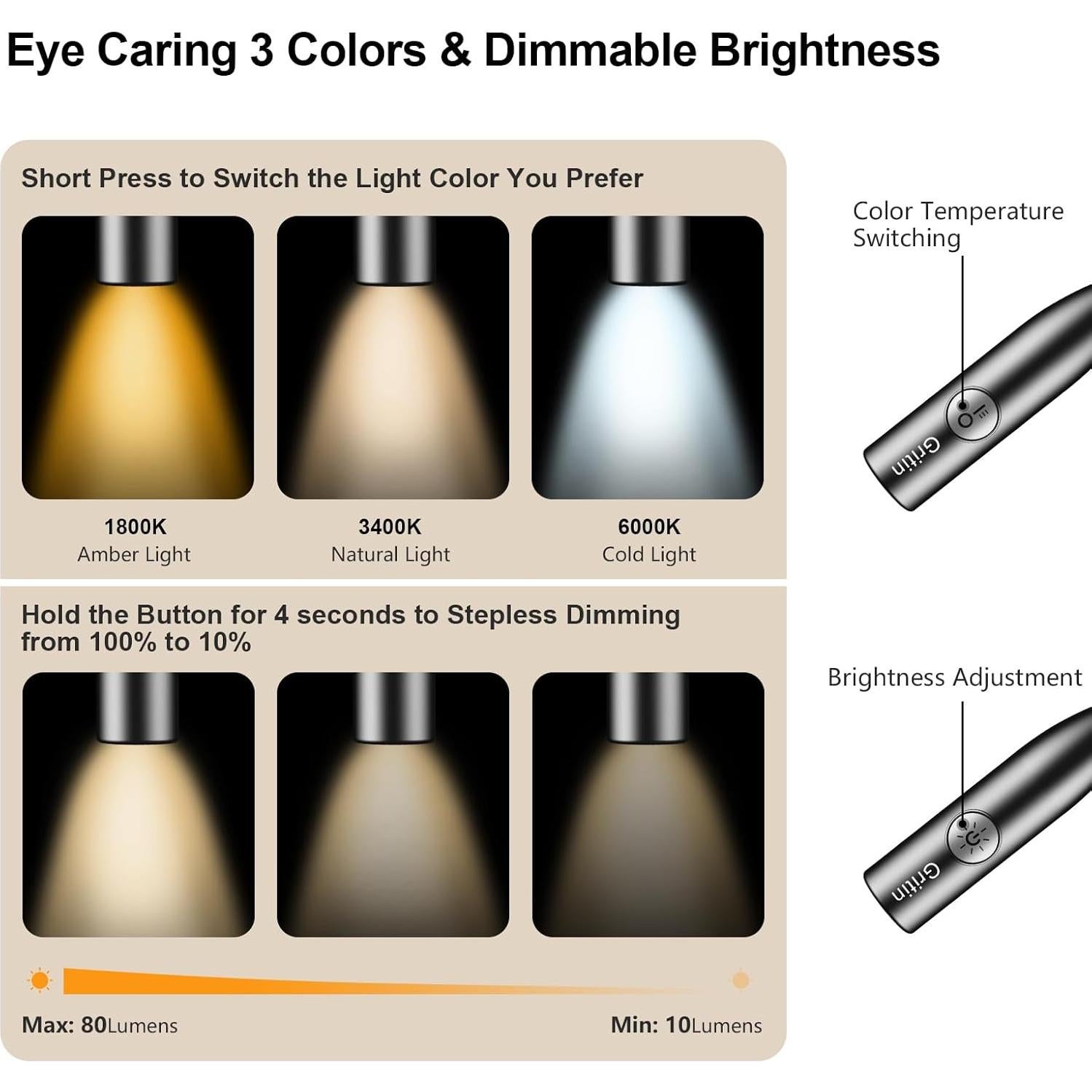 Luz de Lectura LED Gritin para el Cuello, 3 Colores, 80h