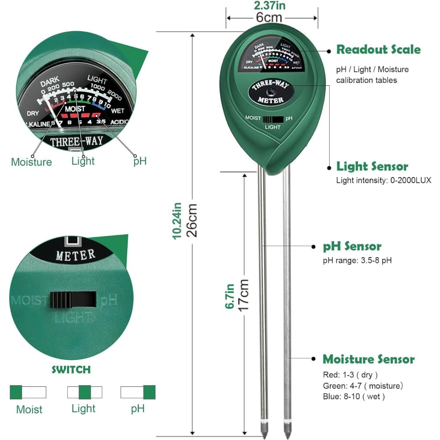 Medidor de Suelo 3 en 1 Maxsolve - Humedad, Luz y pH