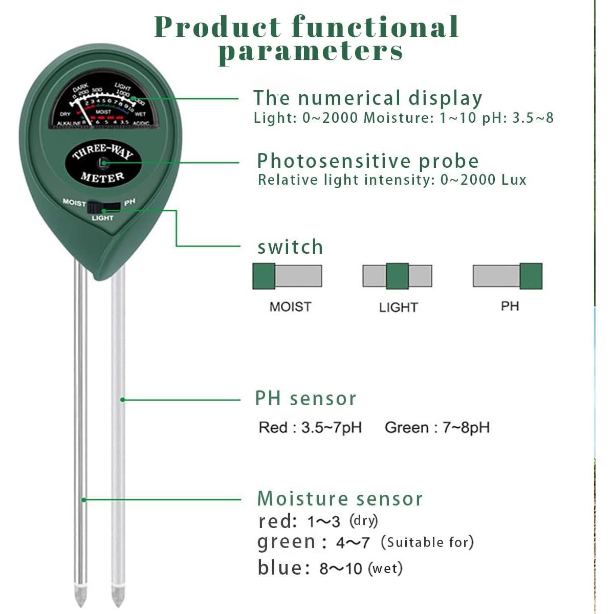 Medidor de Suelo 3 en 1 Maxsolve - Humedad, Luz y pH