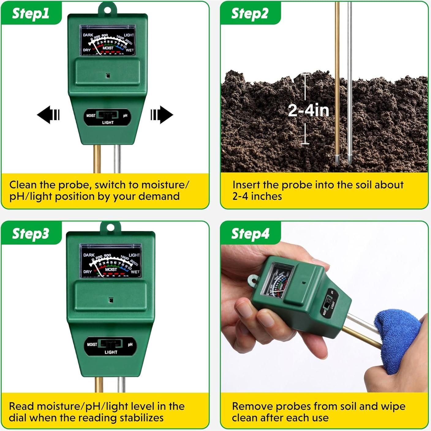 iPower Medidor 3-en-1 de Humedad Luz pH para Jardinería