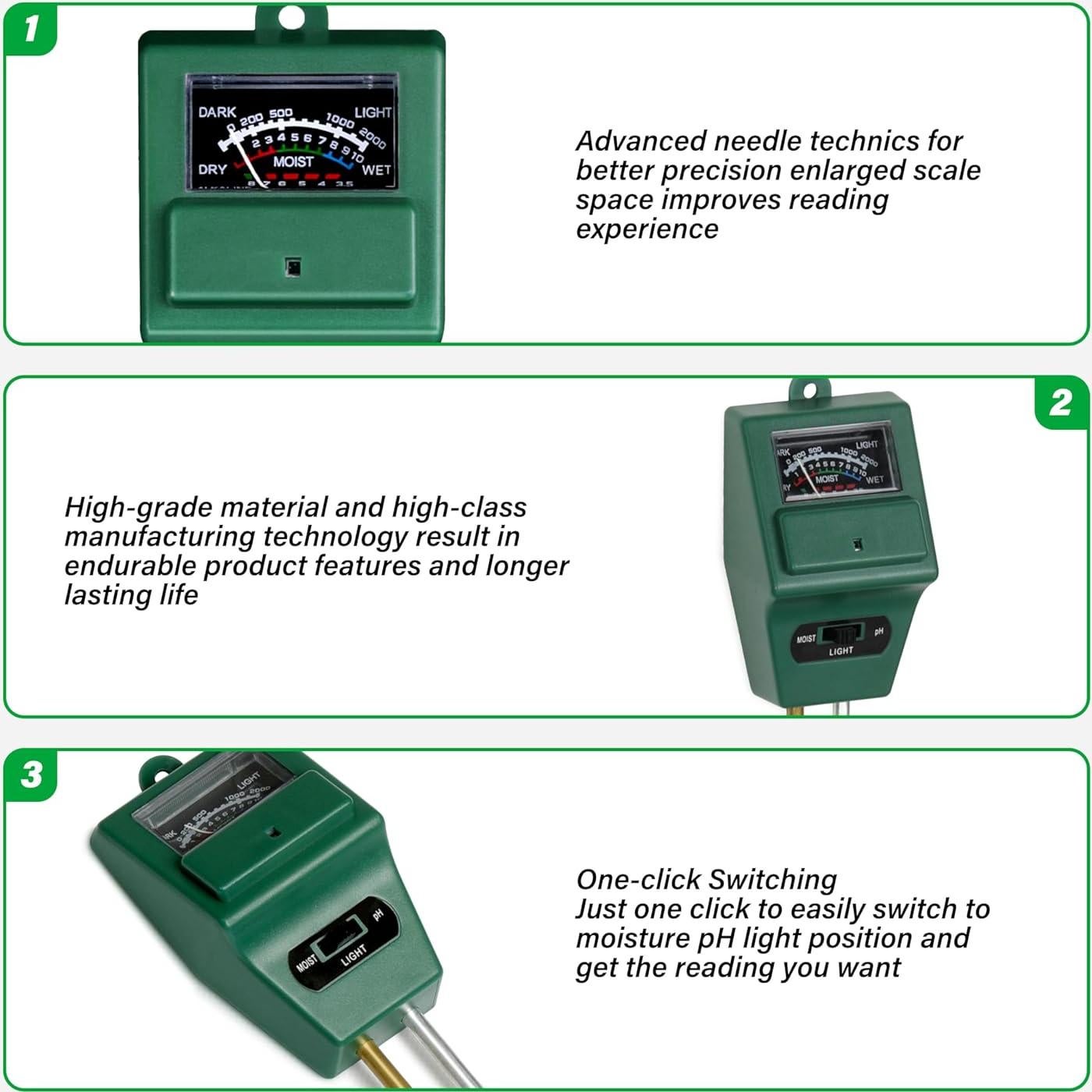 iPower Medidor 3-en-1 de Humedad Luz pH para Jardinería