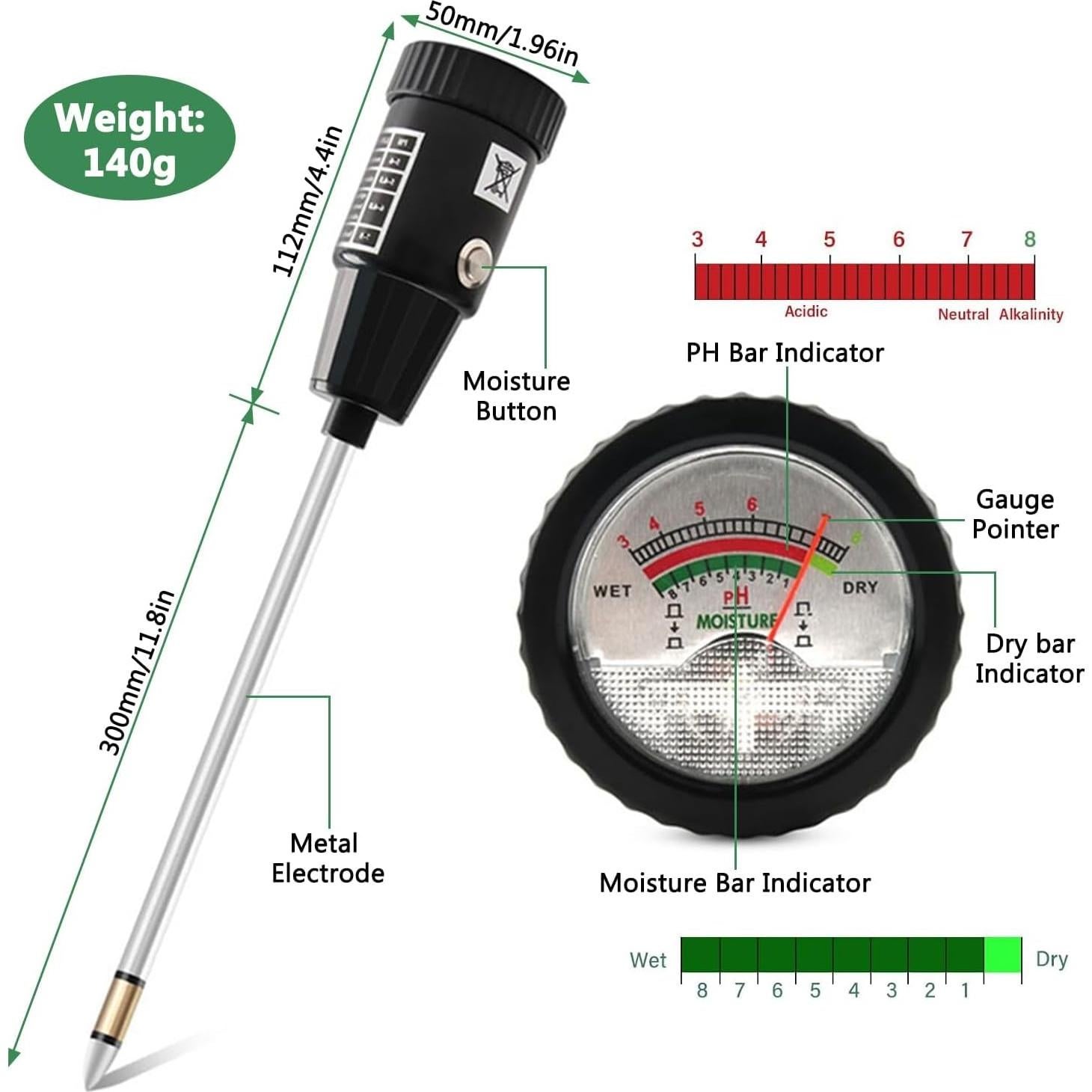 Medidor de pH y humedad del suelo Drphiru 295mm