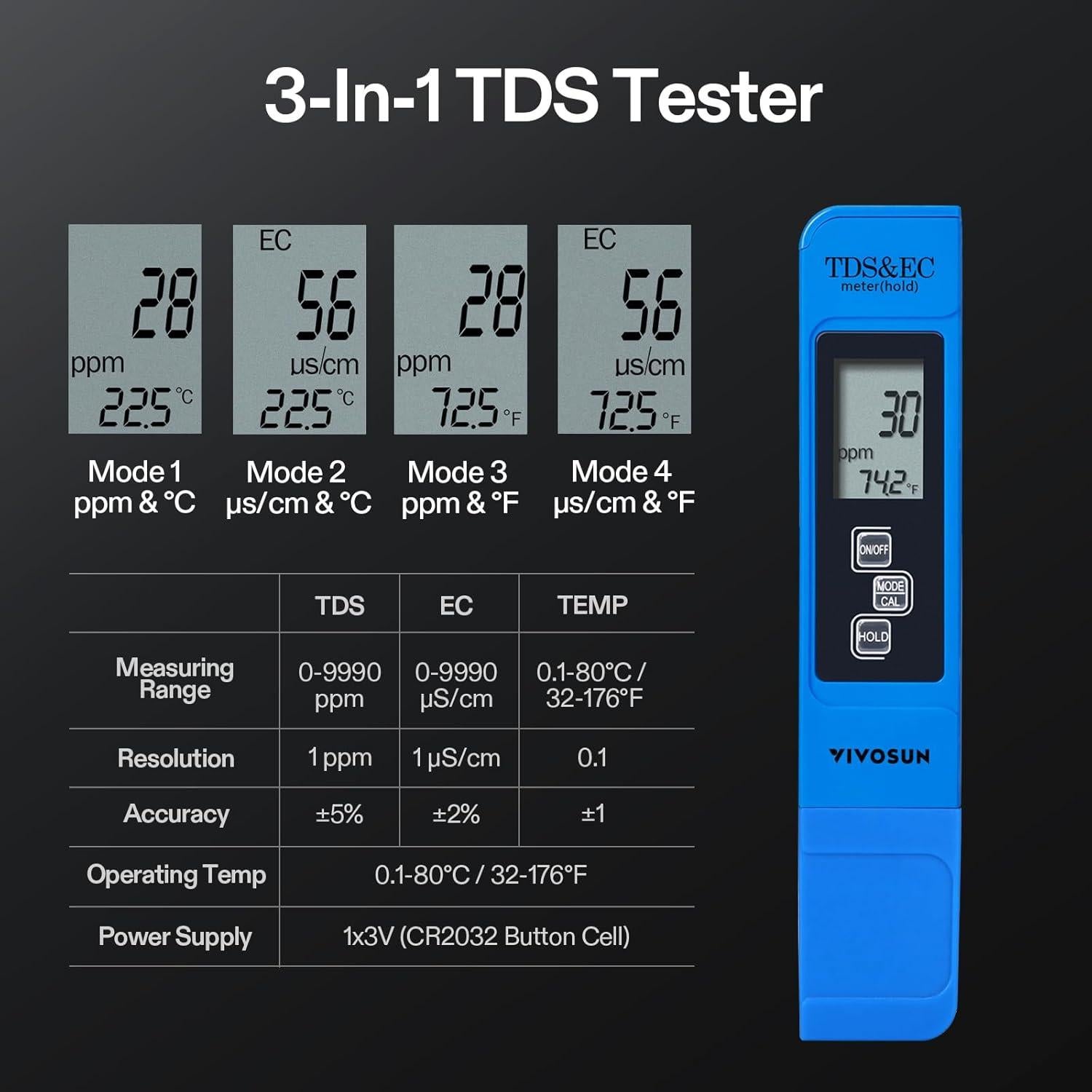 Medidor de pH Digital VIVOSUN 3-en-1 TDS EC Temperatura