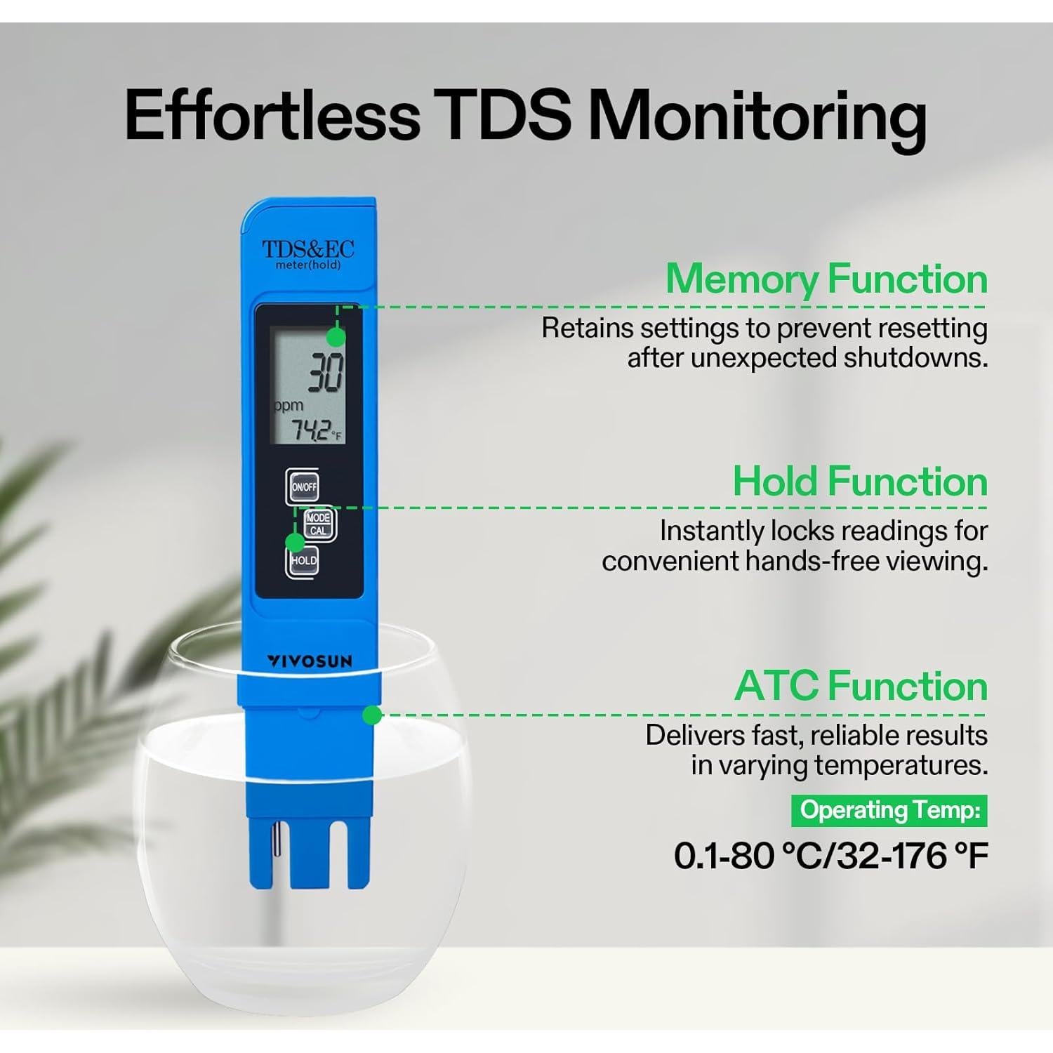 Medidor de pH Digital VIVOSUN 3-en-1 TDS EC Temperatura