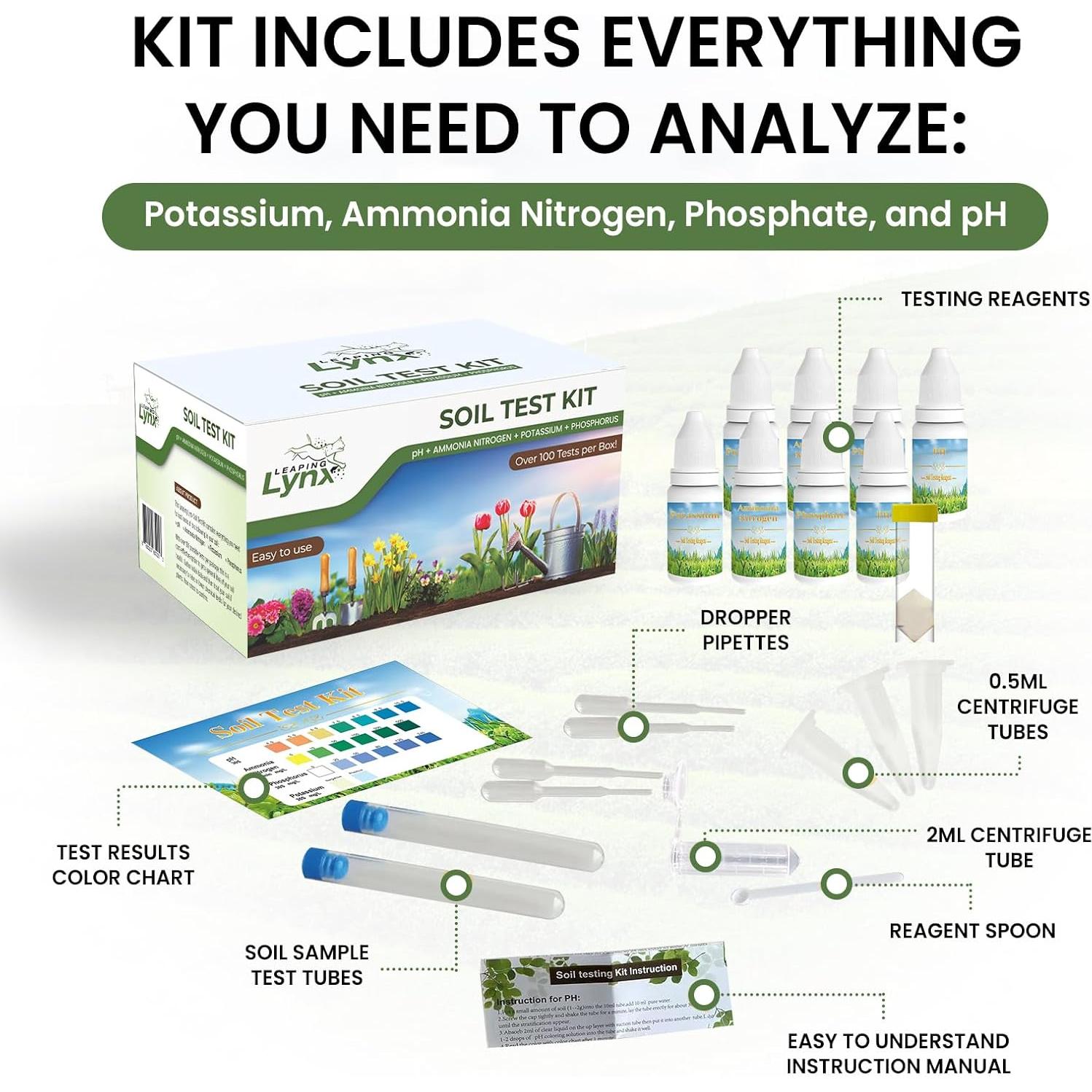 Kit de Prueba de Suelo Leaping Lynx - pH, Nitrógeno, Fósforo y Potasio