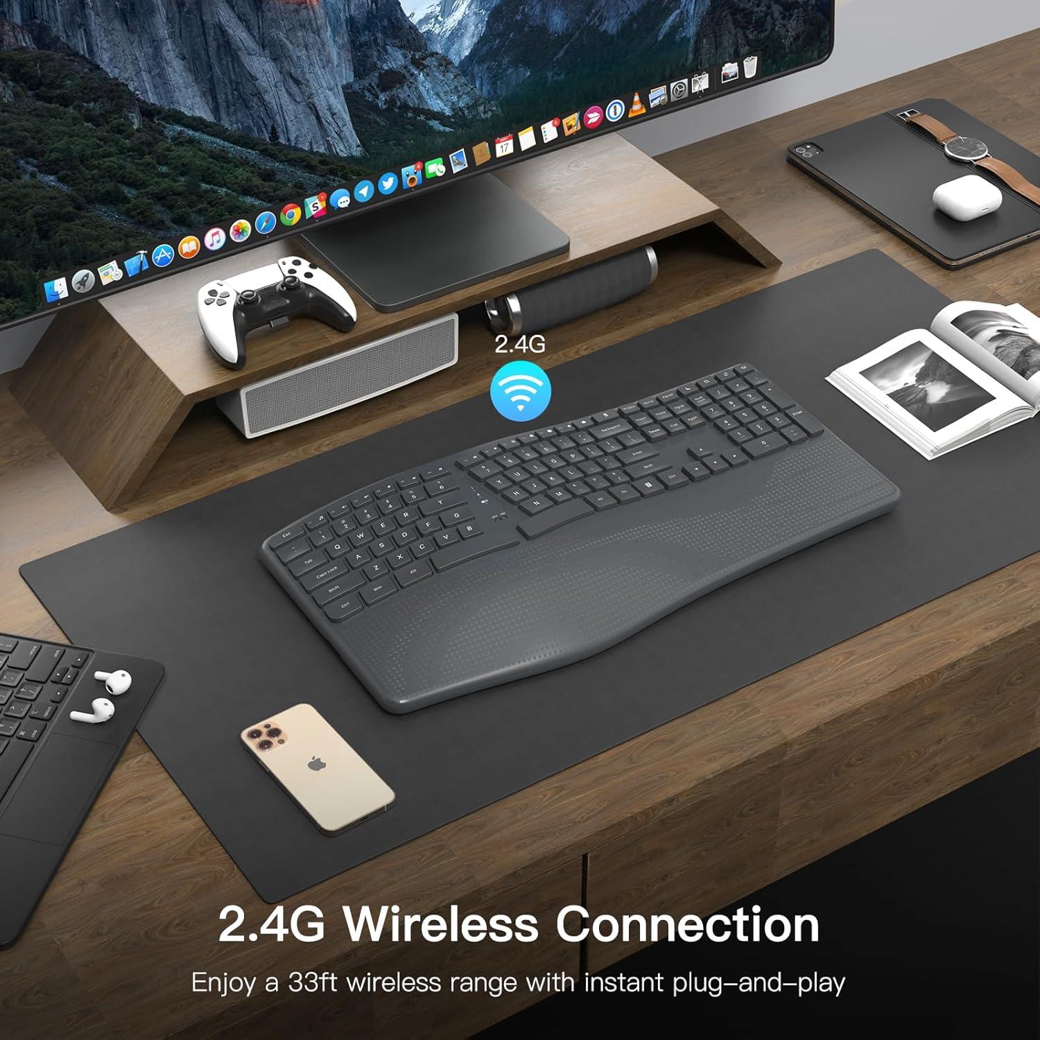 Teclado Inalámbrico Ergonómico Soueto WK715-S-BK con Reposamuñecas