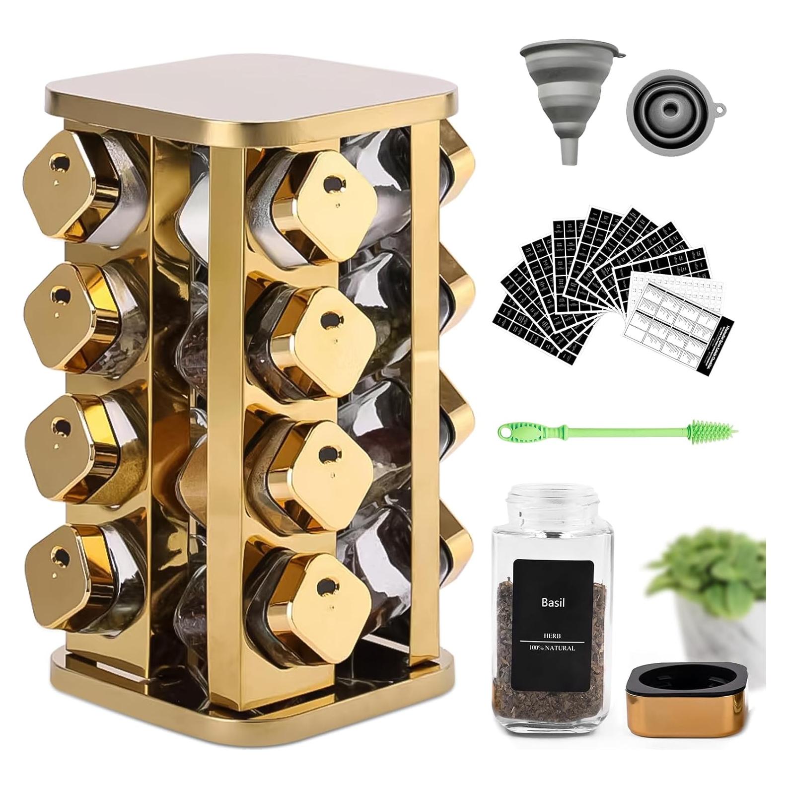 Estante de especias THYEUISM dorado 16 frascos acero inoxidable