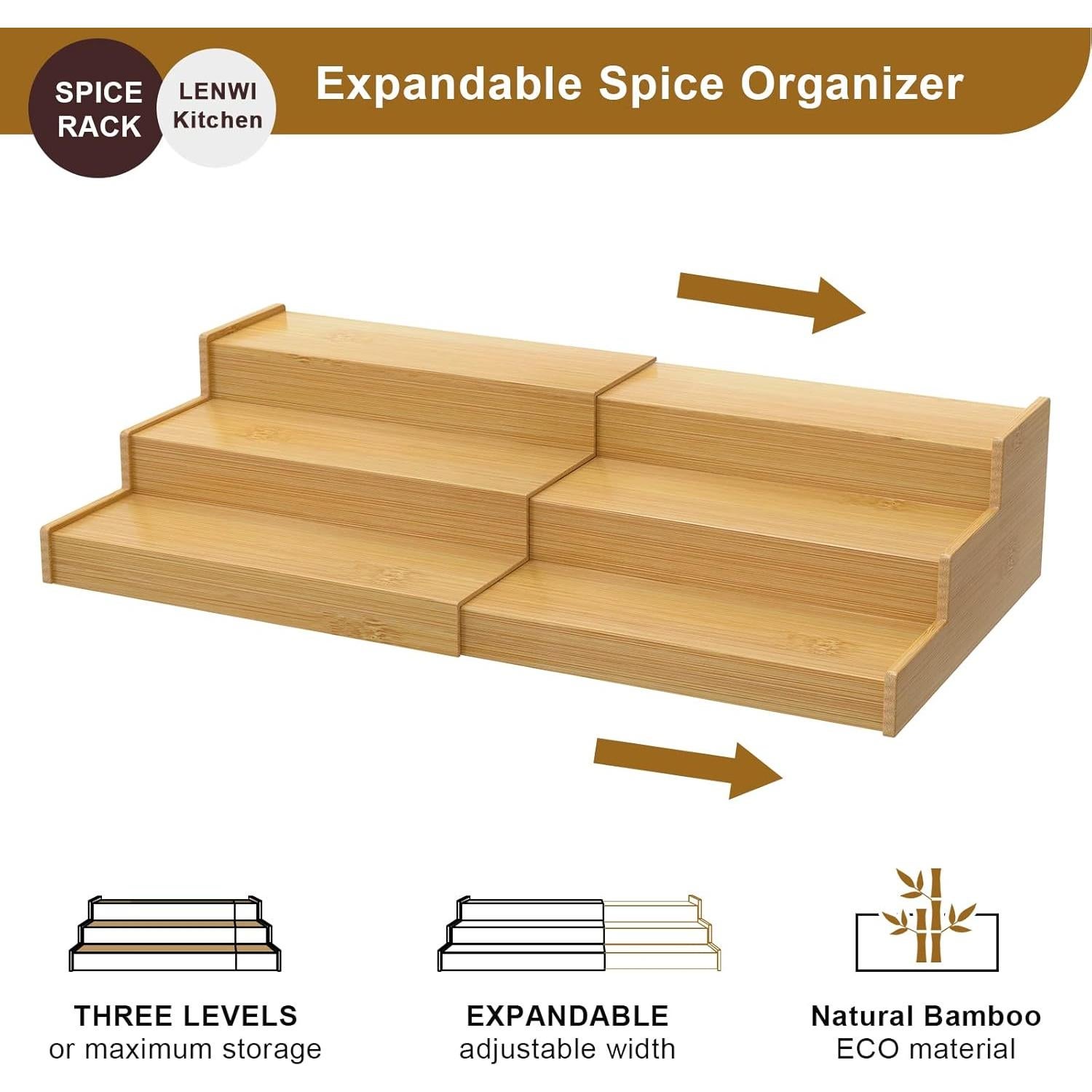 Organizador de Especias Expandible Lenwi 3 Niveles Bambú