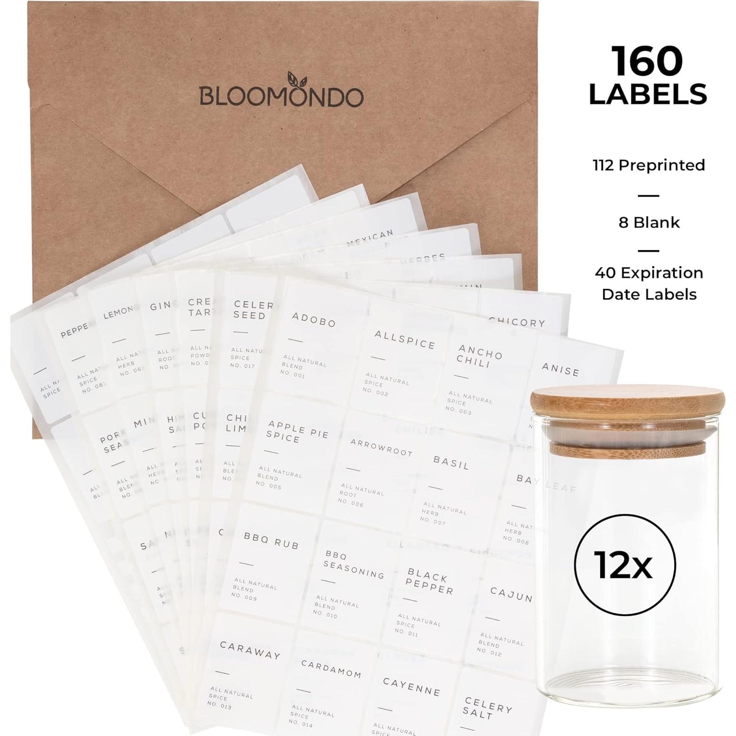 Pack 12 Tarros de Especias Vidrio Bloomondo 200ml con Etiquetas