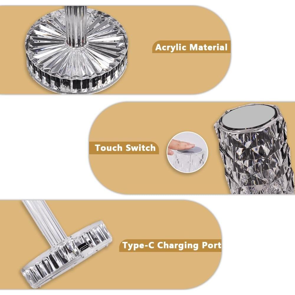 Lámpara de Mesa LED Portátil Cristal 16 Colores Control Táctil