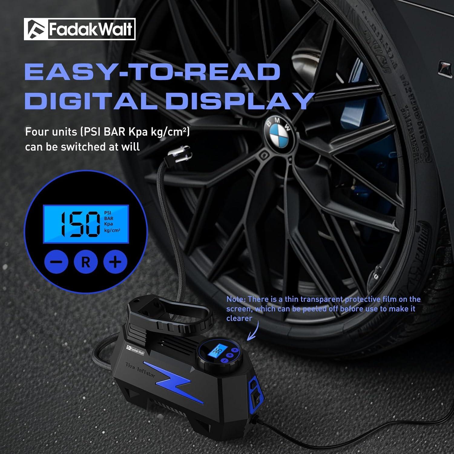 Compresor de Aire Portátil FADAKWALT 12V con Manómetro Digital 150 PSI