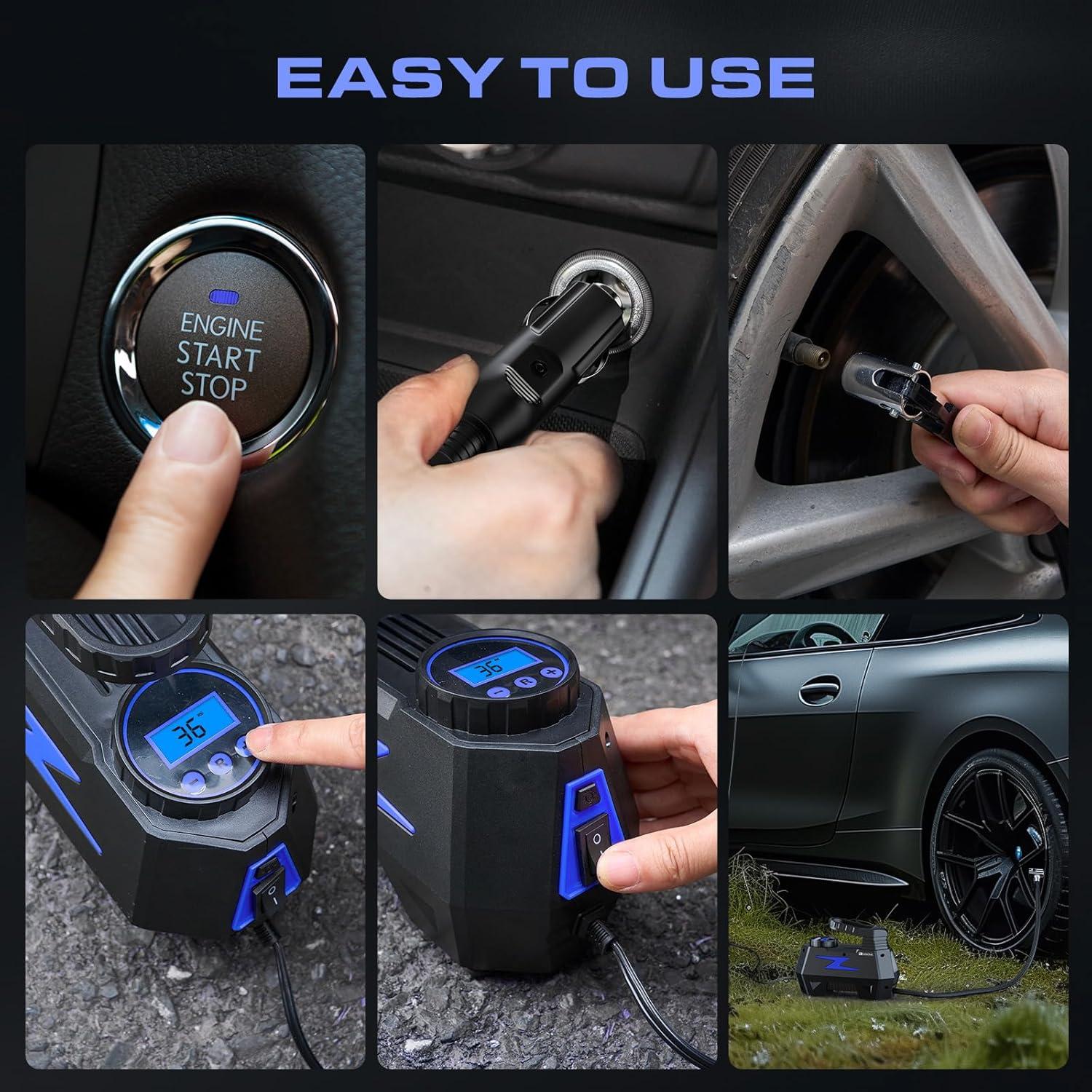 Compresor de Aire Portátil FADAKWALT 12V con Manómetro Digital 150 PSI