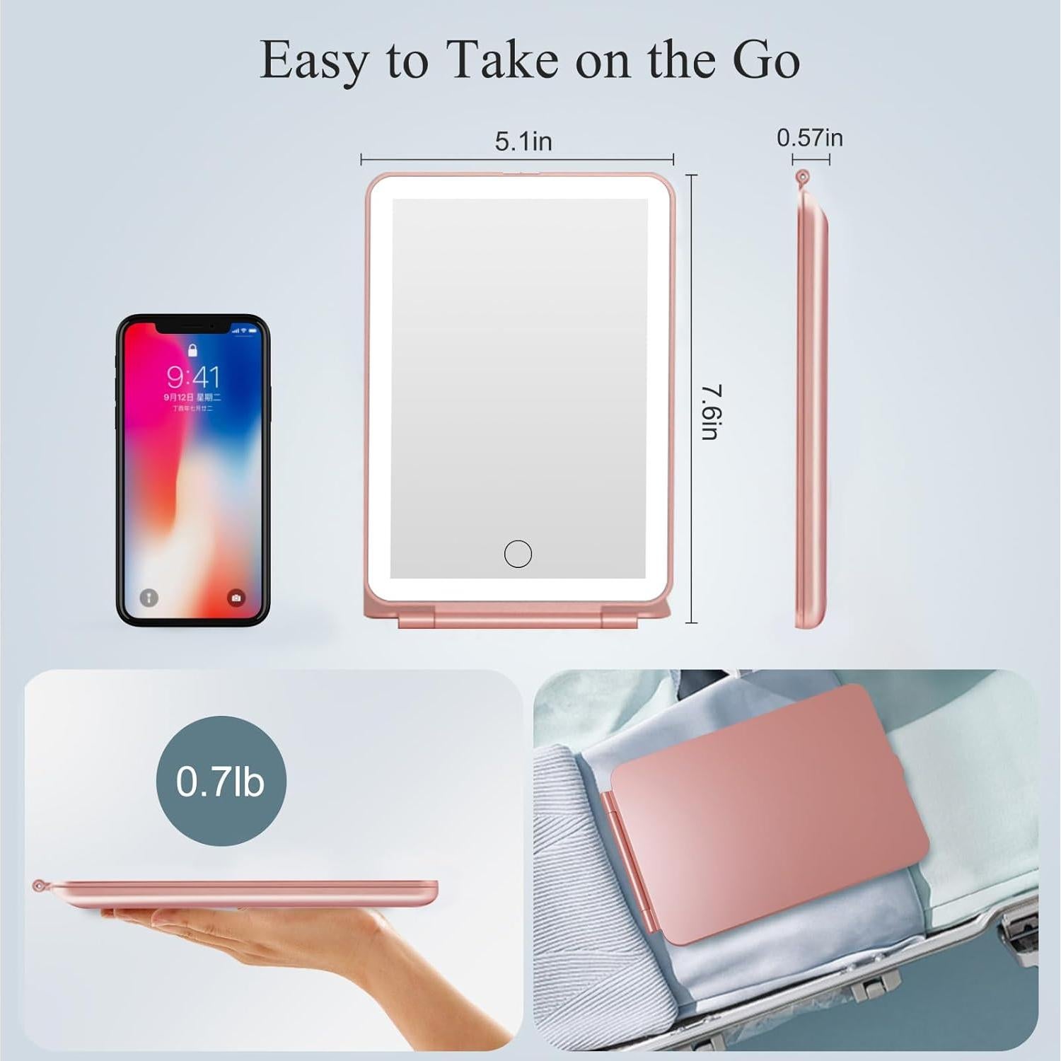 Espejo de Maquillaje Funtouch Oro Rosa Plegable LED 72 Luces