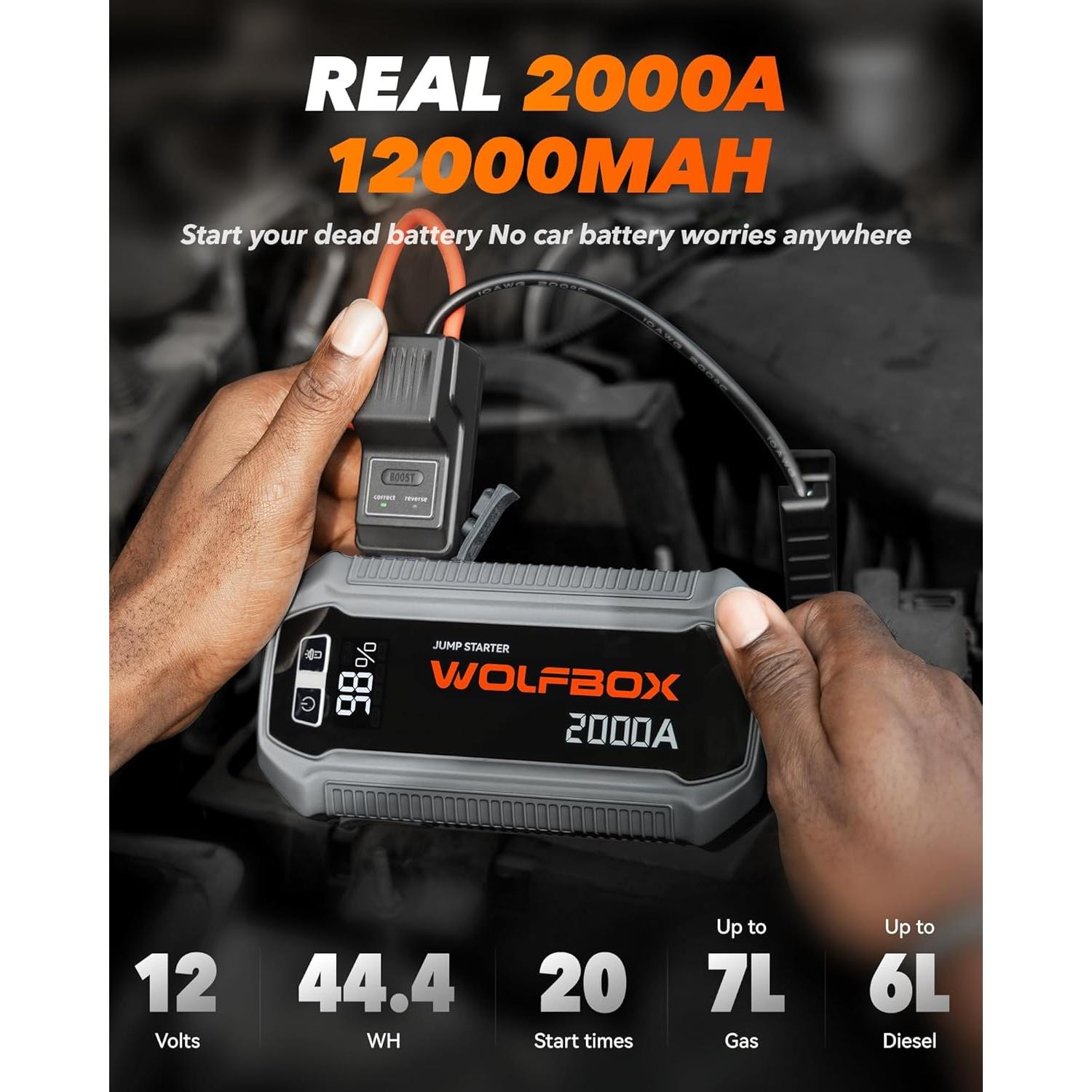 Arrancador de Salto WOLFBOX MegaVolt12 2000A 12000mAh